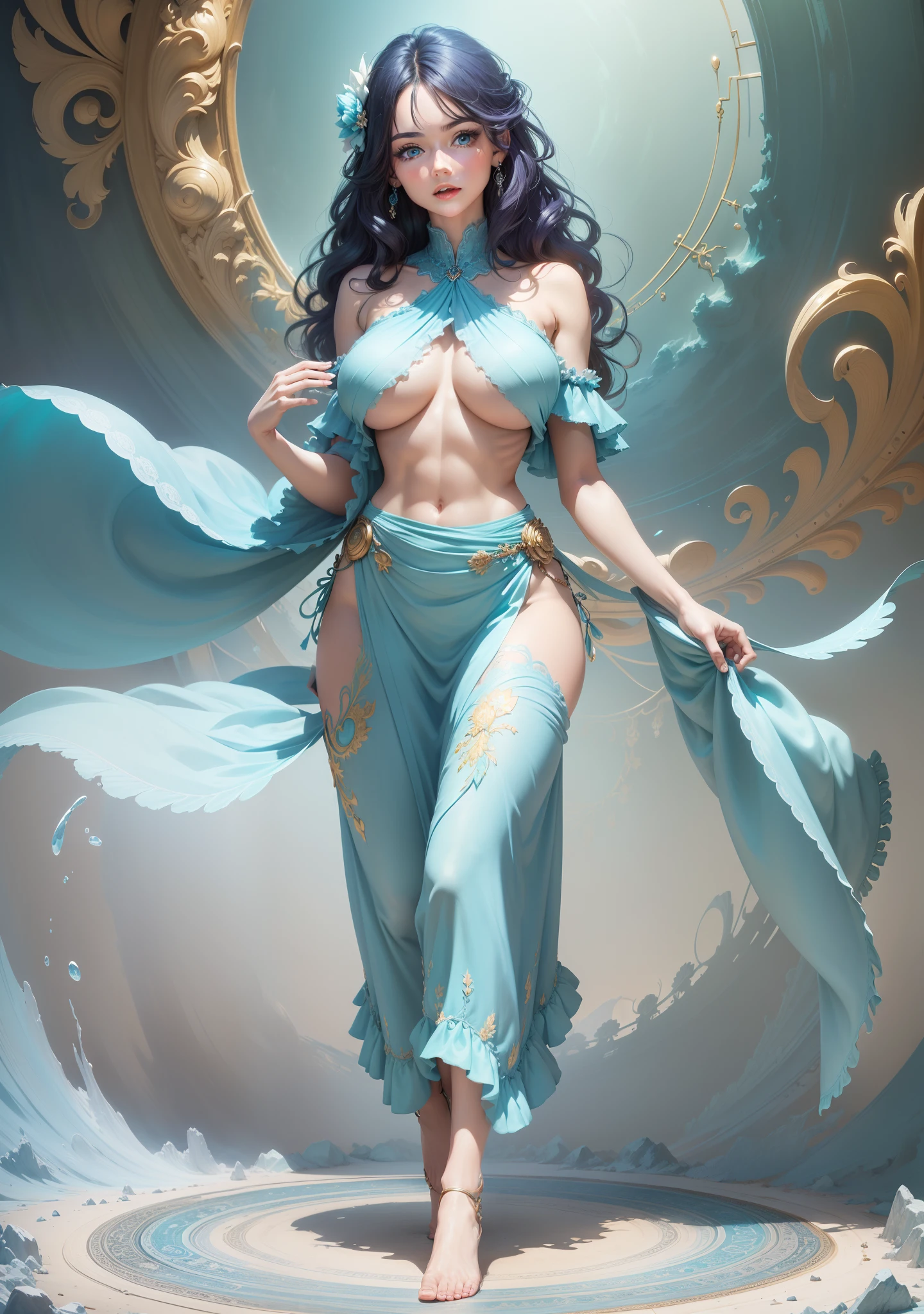 (Masterpiece, Top quality, Best quality, offcial art, Beauty and aesthetics: 1.2), (1girll: 1.3), (Fractal art: 1.3), Vibrant aqua blue eyes, Medium fringed hair,  midsection，huge tit，Abs