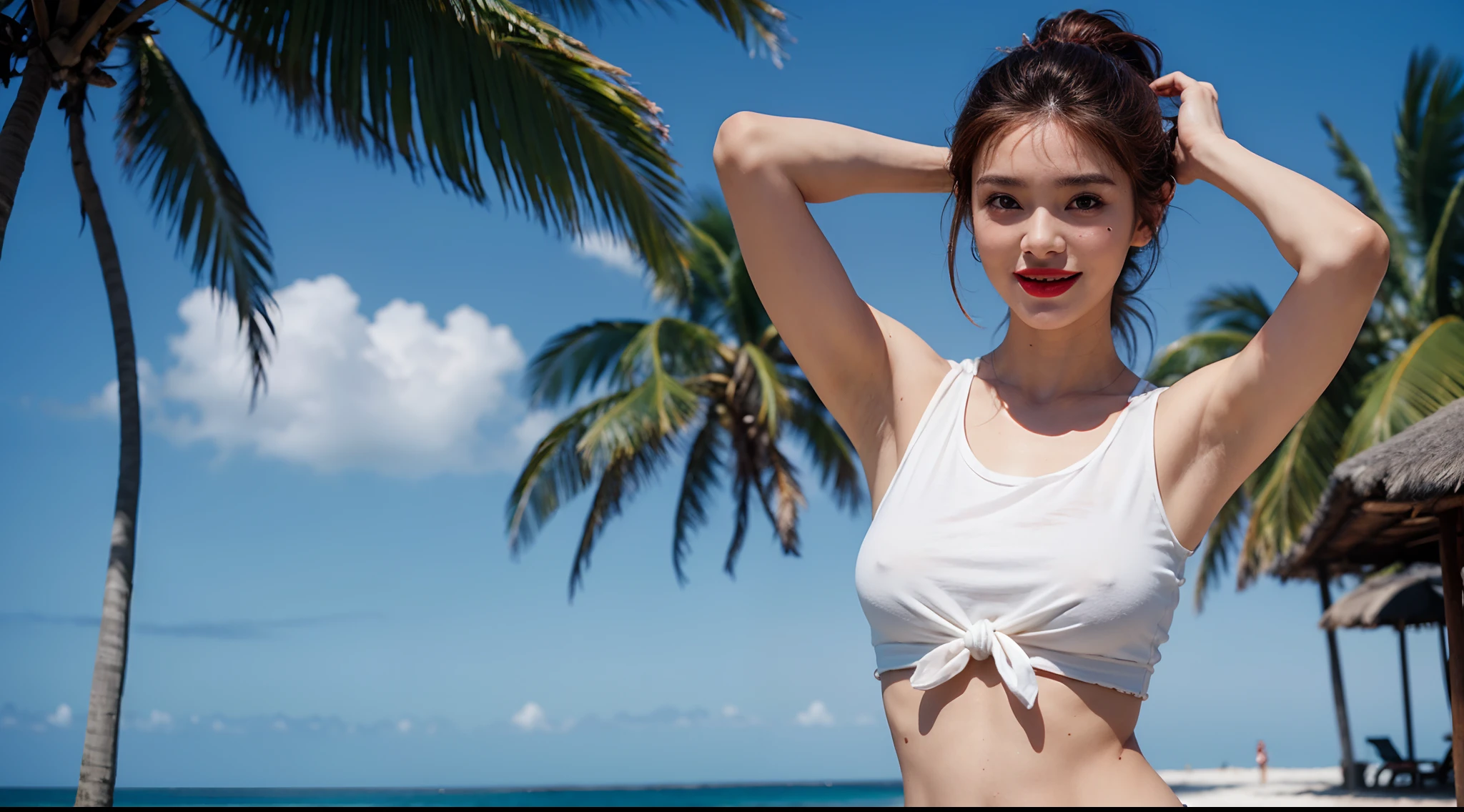 (sunny weather), (There must be only one woman on screen), (beach, beach, waves and palm trees), (The bottom part of the woman's white tank top is tied so her belly button is visible), (white t-shirt and torn shorts), (Huge breasts, very f size, hanging down on her chest as if),、Korean idols in their 20s, Hide with one hand、Raise your hand with one hand to show your armpits、showing armpits、hyper realistic underarm、Underarms、navels、Detailed armpit wrinkles、Finely fine the pores of the armpits、Realistic underarm skin、Black armpit skin、Black armpits、Armpit posture、Sorrisos、Full-body armpits standing facing the audience、Both armpit marks、Hide with one hand、Stand up straight, facing straight ahead、showing armpits、, (Hight Resolution), (8K), (ighly in detail), (The best illustrations), (Armpit posture、Raise your hand with one hand to show your armpits、beautiful delicate eyes), (Top  Quality), (extremely highly detailed), (​masterpiece), (wall paper), (Detailed face、red lipsticks), (A Smile、((40 years,red lipsticks,femele,Realistic armpit markings))、Brown hair,high-ponytail Hairstyle, showing armpits、In small white panties、Show me your belly button)), Japanese people,(Slim Body、tiny)