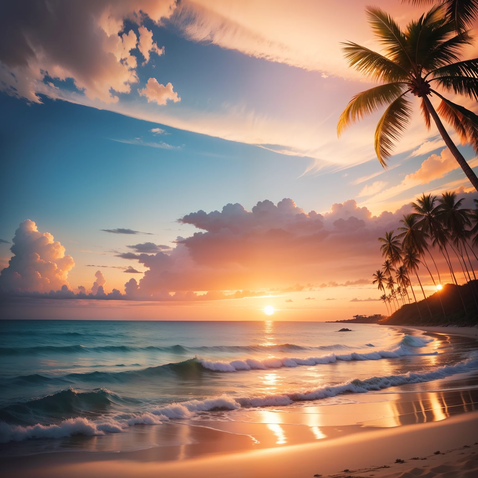 Beach with beautiful sunset view、top-quality、​masterpiece、HD image quality、great outdoors、𝓡𝓸𝓶𝓪𝓷𝓽𝓲𝓬、Palm trees、heaven、in isekai、