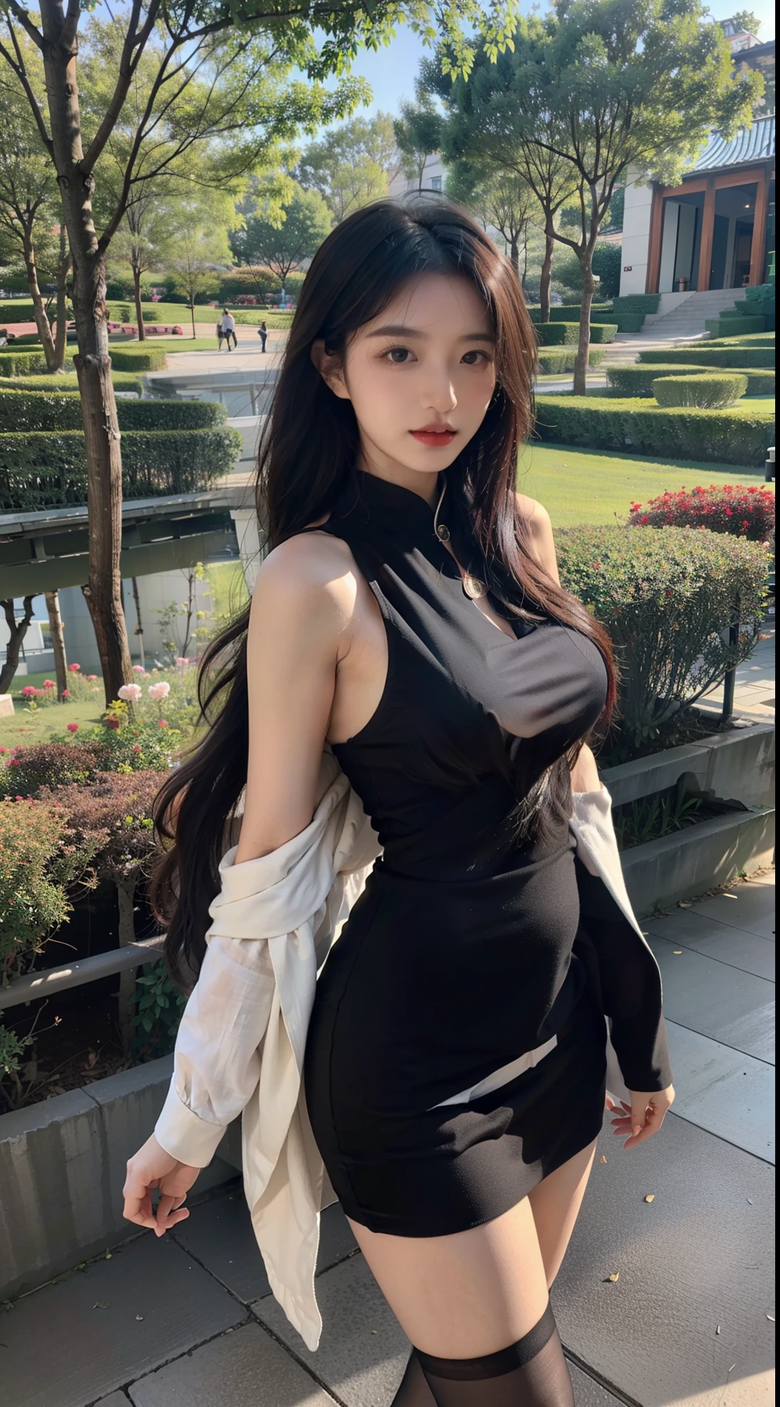 A perfect young female white-collar worker，Chinese big breasts，High picture quality，Works of masters，Black hair，Long hair shawl，Long hair flowing over the shoulders，Beach wave hairstyle，cropped shoulders，鎖骨，exquisite face，Hydrated red lips，flightattendantuniform，A-line skirt，Real Human，Hosiery（Bare thighs），CG rendering，16k，Stand up，Suzhou Garden，On the bridge，Do not show your hands，Close-up shot