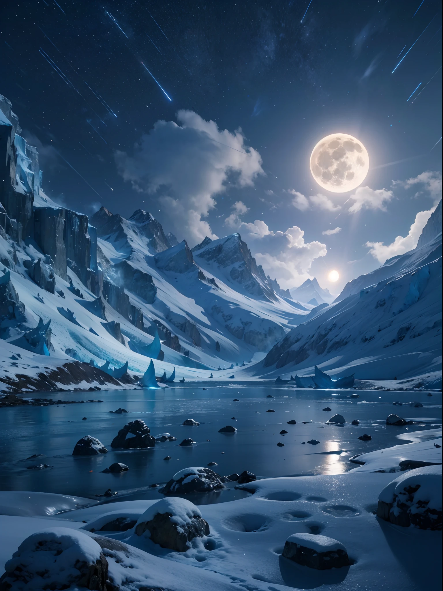 Snow mountain, glacier, night view, full moon، wolfs, beautiful weather snowflakes, waterfall 8K UHD, NVIDIA RTX RENDERING, RAY TRACING, DLSS 3 EFFECTS CINEMATIC EFFECTS,