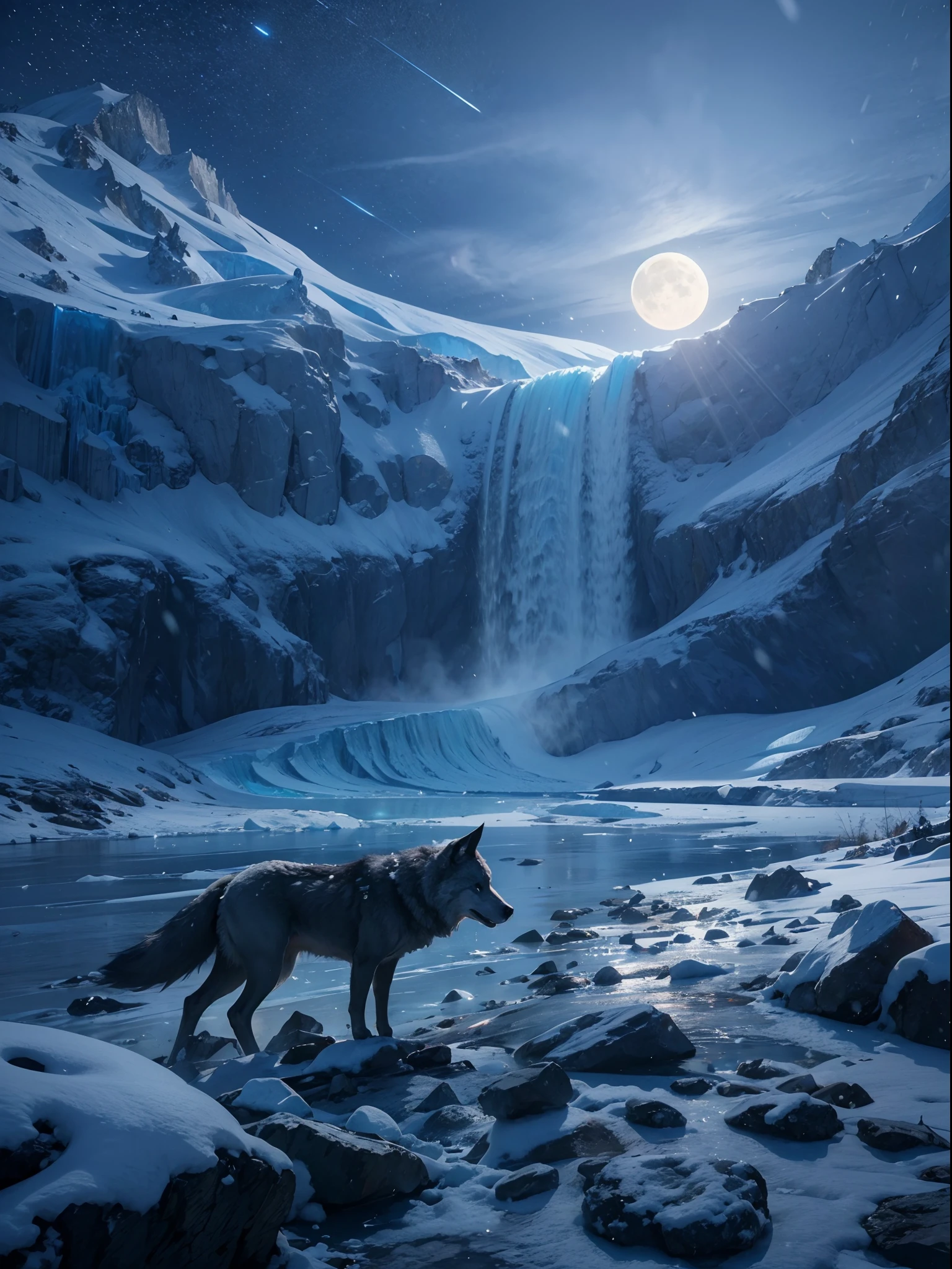 Snow mountain, glacier, night view, full moon، wolfs, beautiful weather snowflakes, waterfall 8K UHD, NVIDIA RTX RENDERING, RAY TRACING, DLSS 3 EFFECTS CINEMATIC EFFECTS,