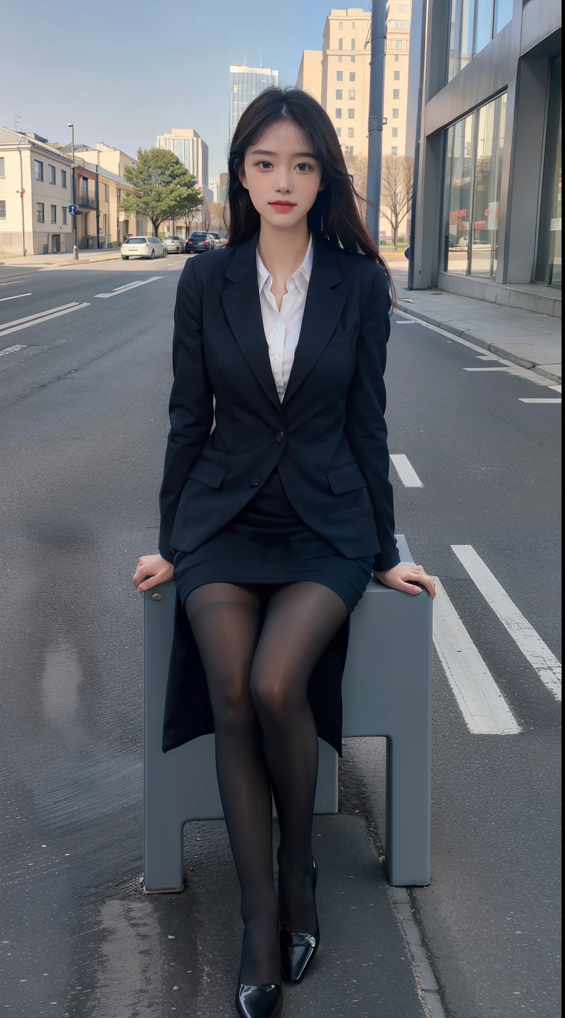 Best quality, Full body portrait, Delicate face, Pretty face, yo woman, Slim figure, Large bust, office lady uniform, office clothes, Navy blue stockings, Outdoor scene, Sitting position