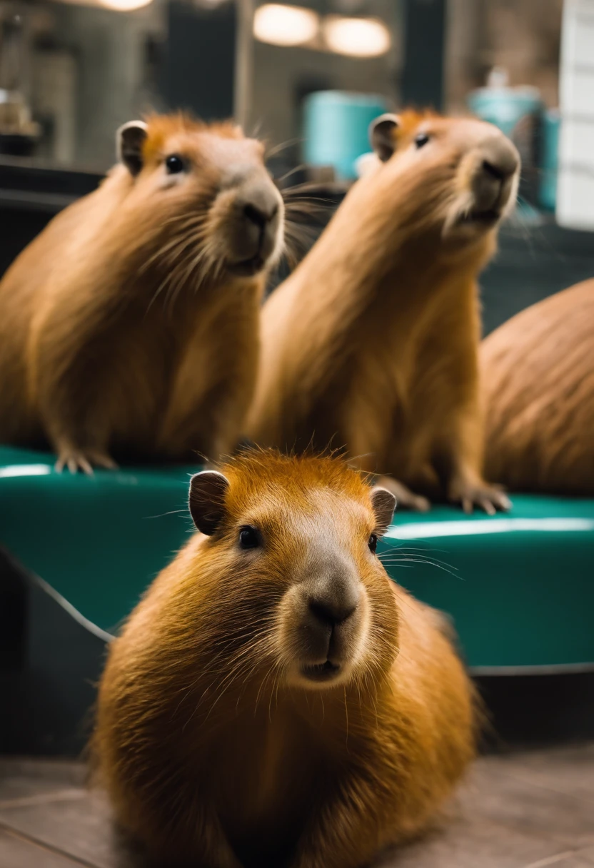 Capybaras sitting in a barbershop，Capybaras with a haircut，Barber salon，High-end barbershop，Perfect capybara limbs，Capybara haircut