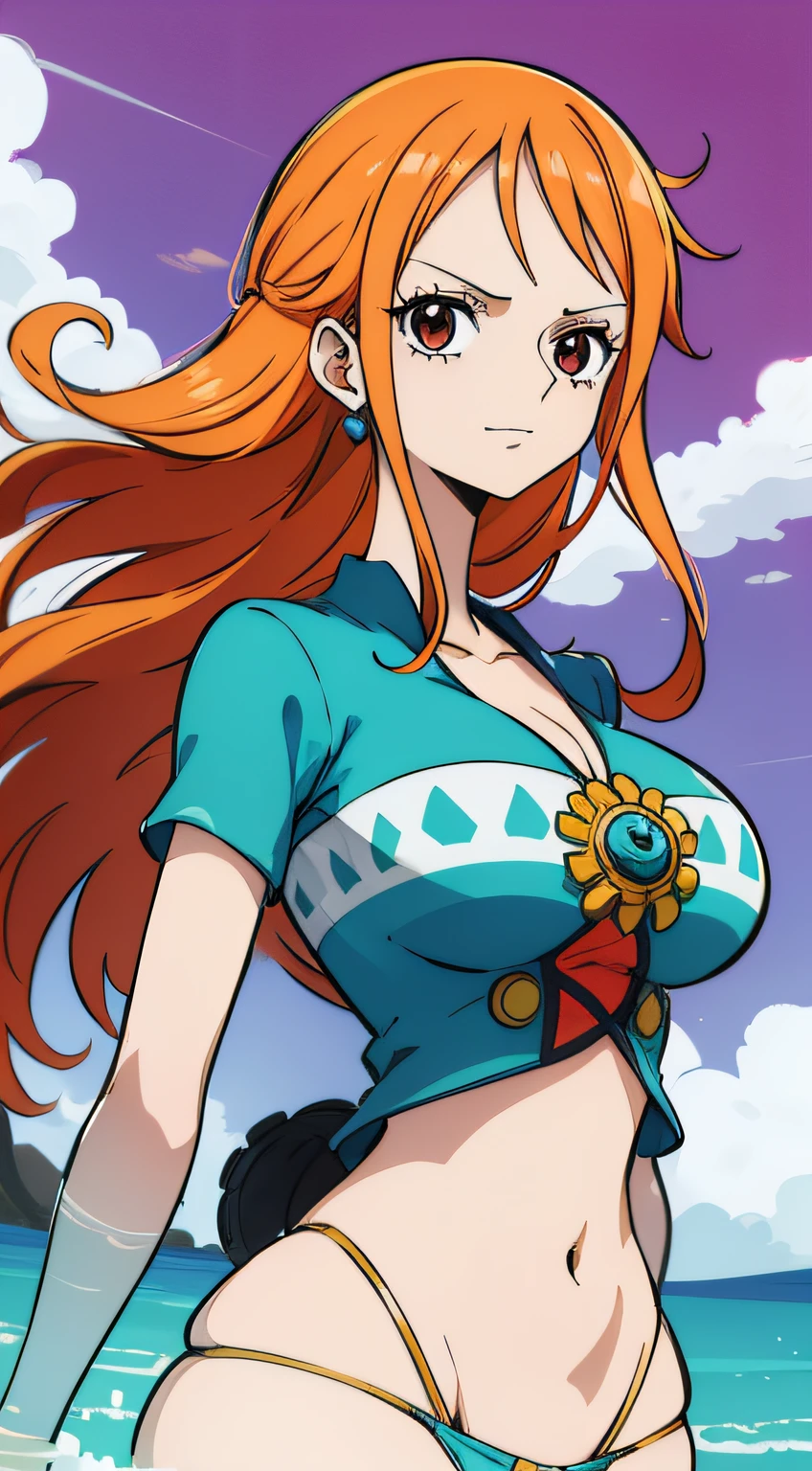 Generar una imagen realista de estilo anime de Nami de One Piece. Captura su apariencia distintiva con cabello naranja, una camisa, and a cheerful expression. Make sure the picture reflects your adventurous and confident personality as shown in the anime.., cuerpo completo, Plano amplio , NSFW, Curvy athletic body, Antecedentes de la isla,top de sujetador, falda, ojos naranjas, ojos naranjas