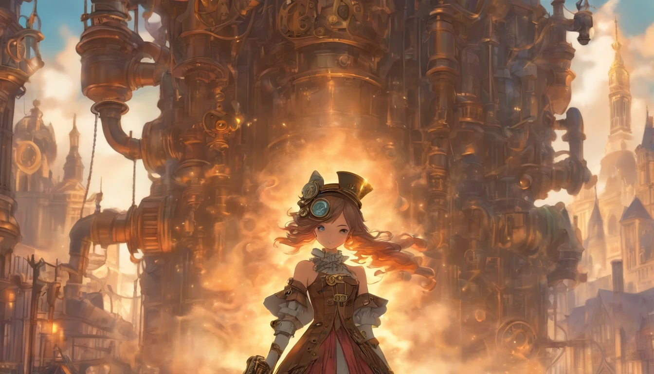girl on steampunk::2 gear::3 city, Gear::2 motif dress, steam engine, London in the 18th century, steamcore --s 400 --style cute