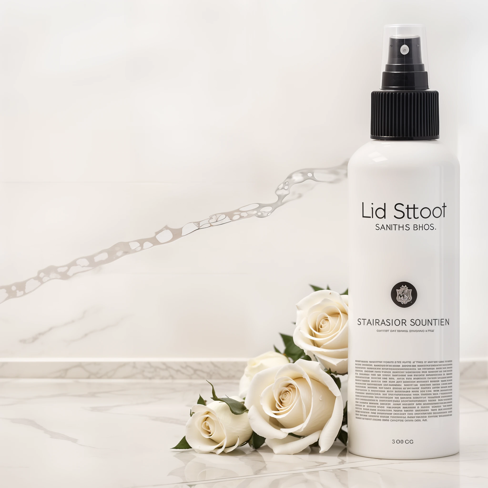 A tube of spray stands on the white stone floor around beautiful white roses and small drops of water