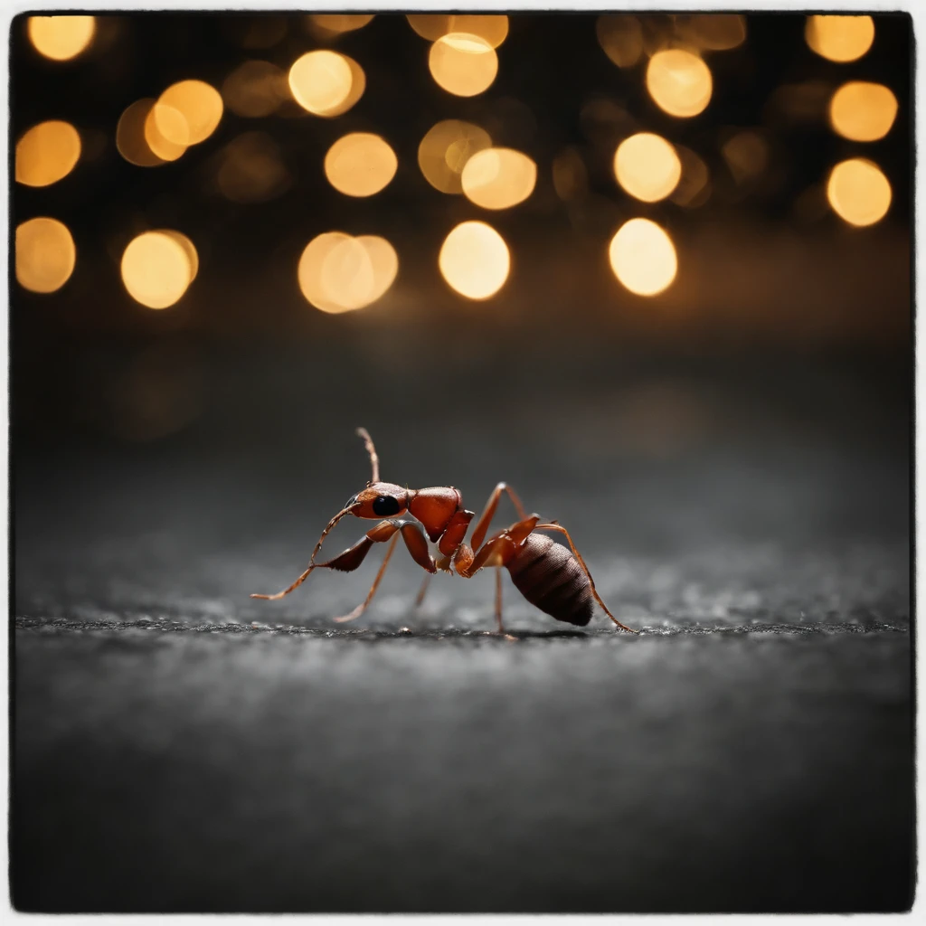 an ant in the Shiny Christmas night surrounded with many Christmas gift and much colorful light, Plenty of light