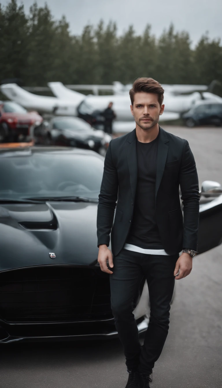 A is in good health,Wear black shirt jeans,Looks terrible,Dark jacket stands next to a supercar and a helicopter on him , A little noble forehead , Black eyes , Light-colored beard ,Open-mouthed