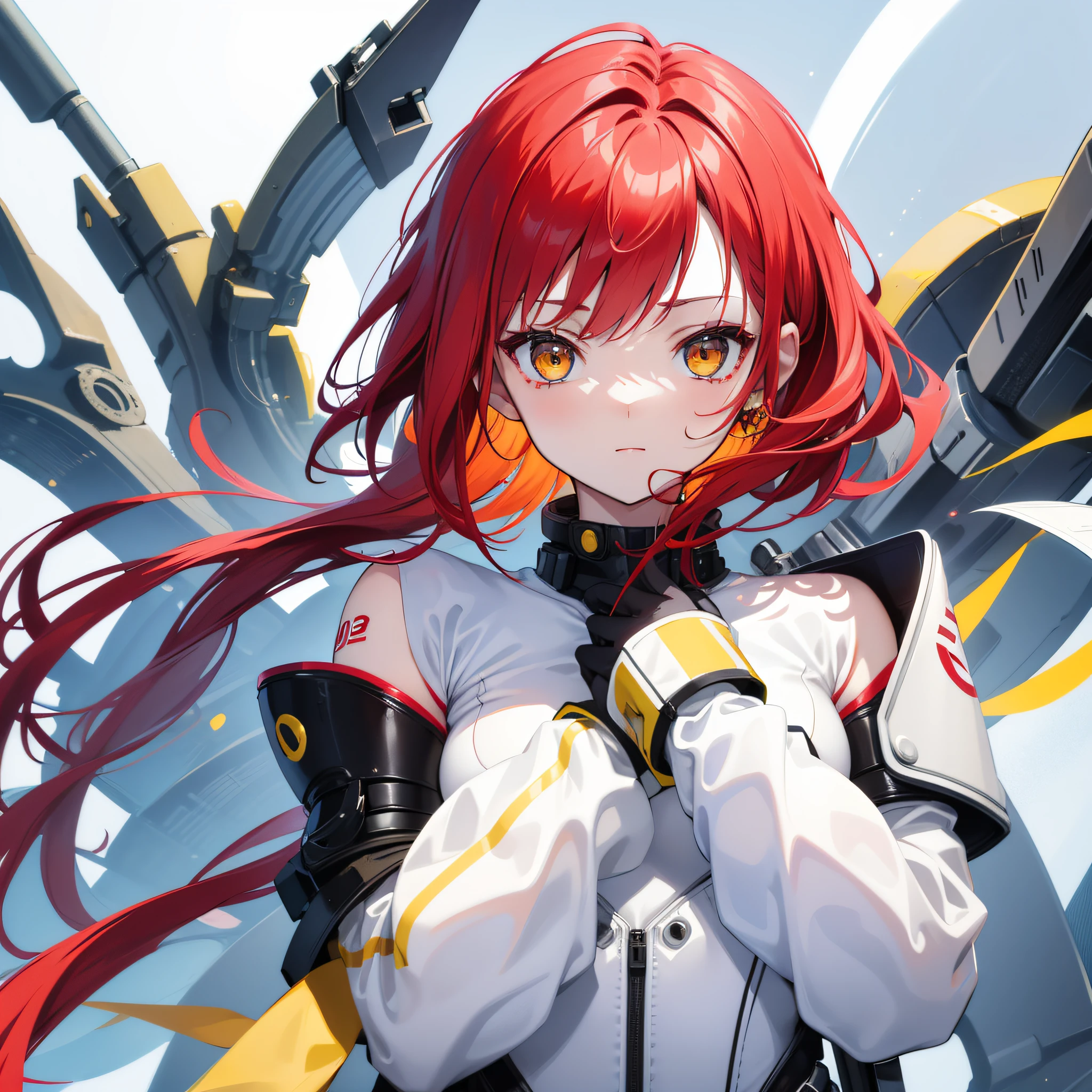 Girl with red hair and yellow eyes、Wearing a stylish spacesuit with a white base and red decorations around the arms、kawaii、Close-up image of a face、high-level image quality、Super beautiful、Wearing blue and white futuristic collar、white backgrounid、yellow eyes、Laughing、Close-up image of the face、Shorthair