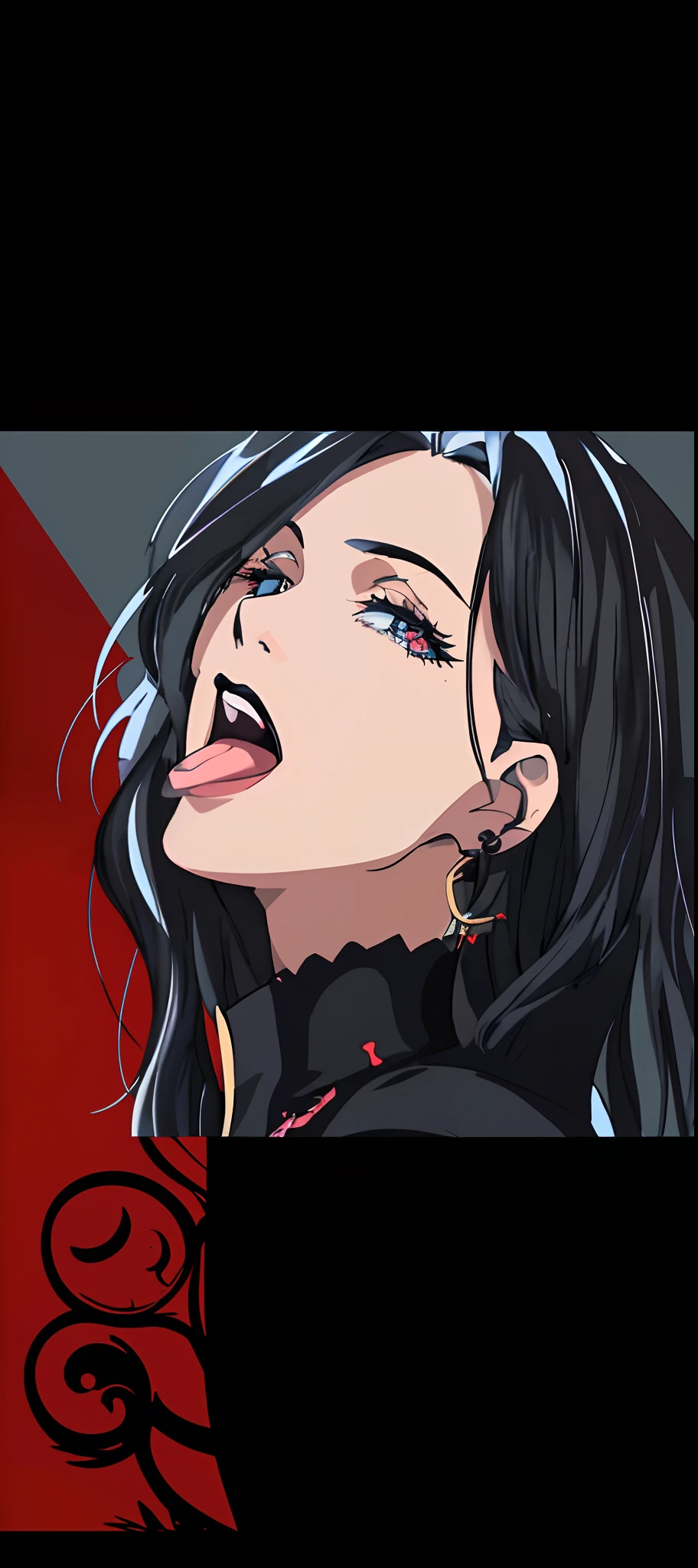 anime girl with black hair and piercings looking up, 1 7 - year - old anime goth girl, full body anime, anime vampires, ;open mouth, androgynous vampire, in the anime film, ahegao face, style of madhouse anime, perfect wolf haired girl, still from anime