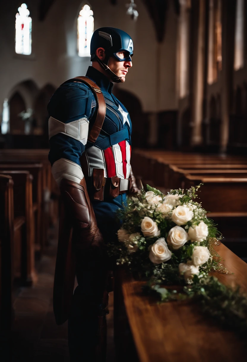 Captain America with flower in the church, wedding