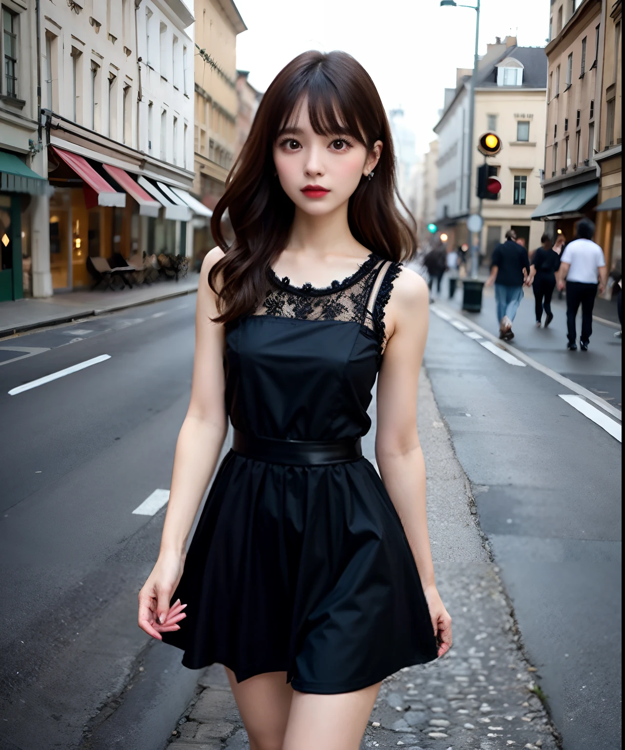 Beautuful Women Beautiful Good Style Short stature dual Idol Detailed genitals Shameful face 26 year old A dark-haired The long-haired Black long dress snap shot European cities White cotton lingerie with round face