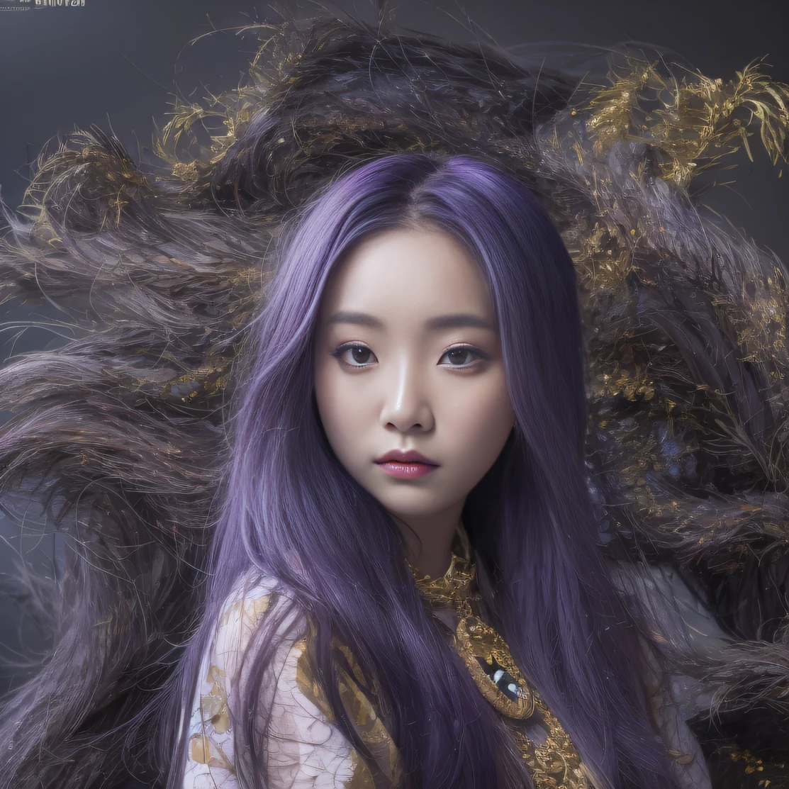 Agate glass texture 32K（tmasterpiece，k hd，hyper HD，32K）Long flowing bright purple hair，Autumn Pond，zydink， a color， Asian people （Kizi）， （Red scarf）， Combat posture， looking at the ground， long whitr hair， Floating bright purple， Fire cloud pattern gold tiara， Chinese long-sleeved gold silk garment， （abstract ink splash：1.2）， white backgrounid，Lotus protector（realisticlying：1.4），Bright purple hair，Smoke on the road，The background is pure， A high resolution， the detail， RAW photogr， Sharp Re， Nikon D850 Film Stock Photo by Jefferies Lee 4 Kodak Portra 400 Camera F1.6 shots, Rich colors, ultra-realistic vivid textures, Dramatic lighting, Unreal Engine Art Station Trend, cinestir 800，Long flowing bright purple hair