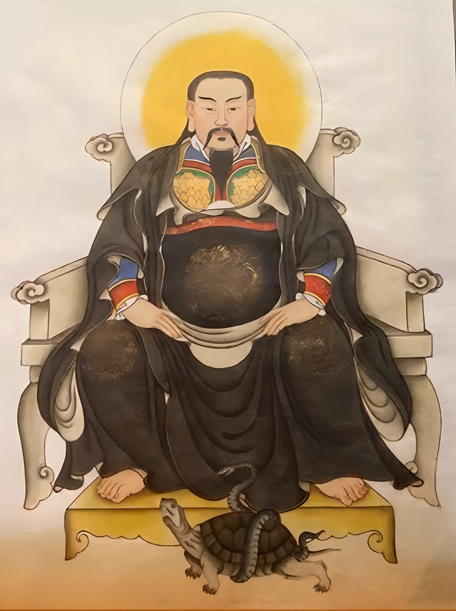 Draw a man sitting on a throne with a serpent, Taoist, Due to barren art in ORK, by Xuande Emperor, Bearded man sitting on a throne, God of Wealth, author:Wen Boren, artwork in the style of z.Show on the. gu, the god emperor of mankind, inspired by Xuande Emperor, chi-gong, Taoist master