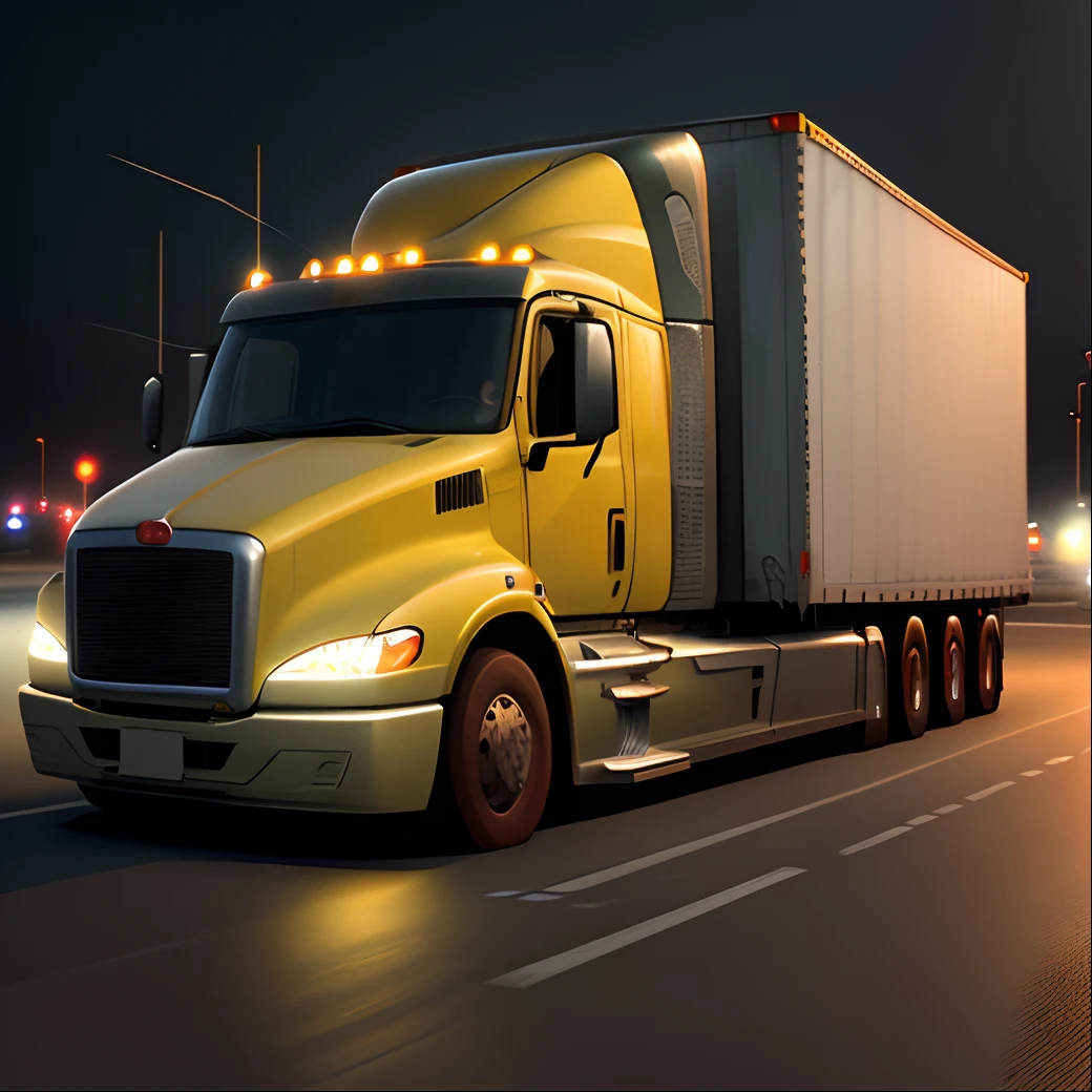Create an image of a long-haul trucker's cab at night, illuminated by the soft glow of dashboard lights, as they navigate a quiet, winding road."