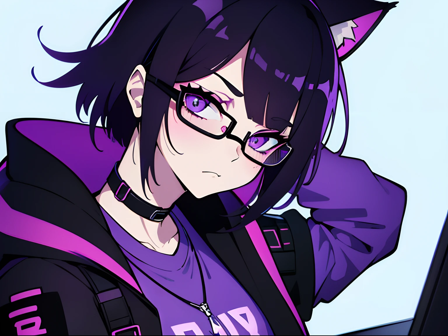 Cyberpunk mommy vibe a little chubby hot girl gamer hacker with purple and black jacket clothes ,with glasses with cat ears, com 22 anos de idade, olhos violetas brilhando, shoulder-length black short medium hair with purple tips, and serious expression