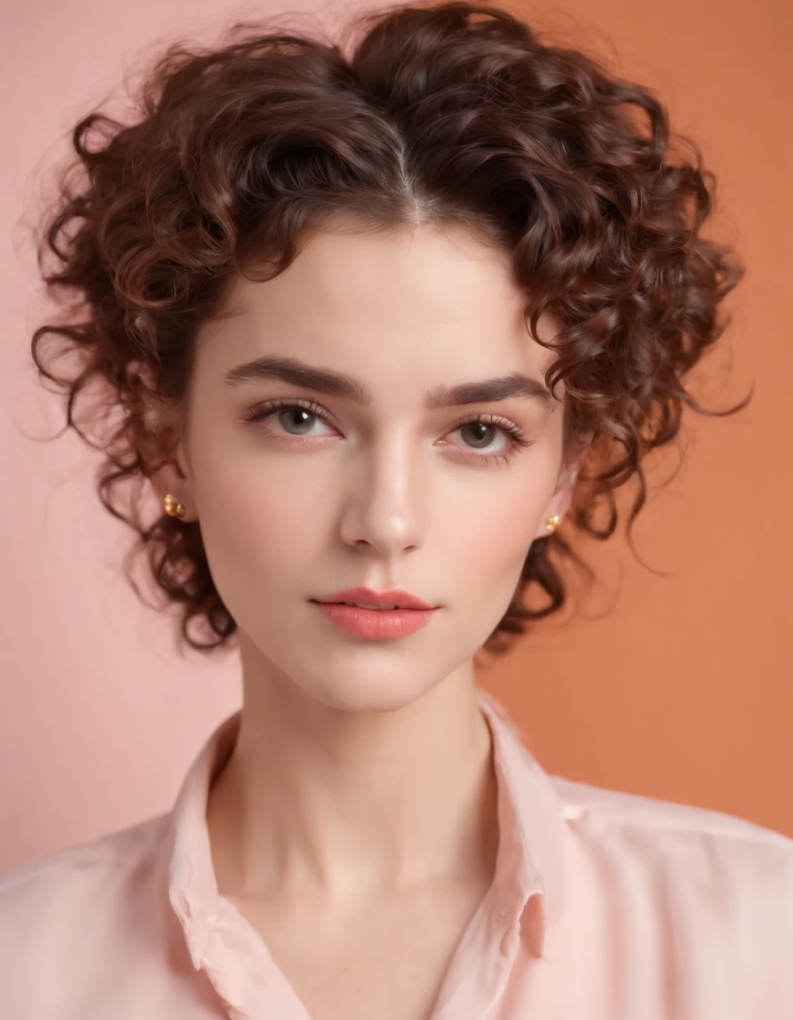 young woman with 80s androgynous style, curly hair, dark orange earrings and blouse, model pose, light pink background, medium shot, high quality photo (upper body)