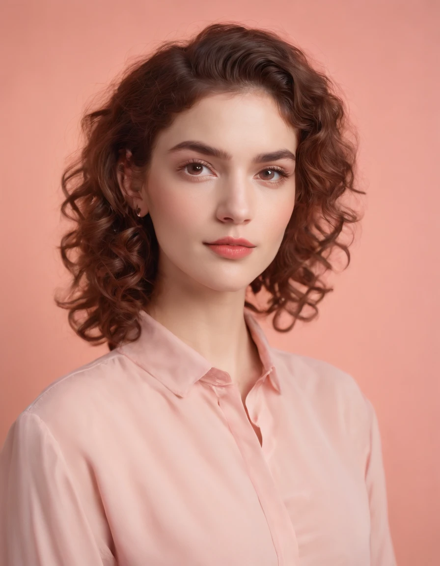 young woman with 80s androgynous style, curly hair, dark orange earrings and blouse, model pose, light pink background, medium shot, high quality photo (upper body)