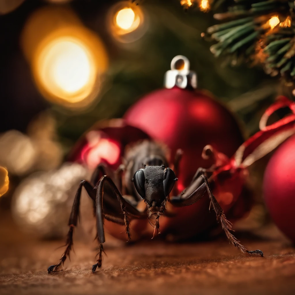 an ant surrounded with many Christmas gifts in the Christmas night with colorful light