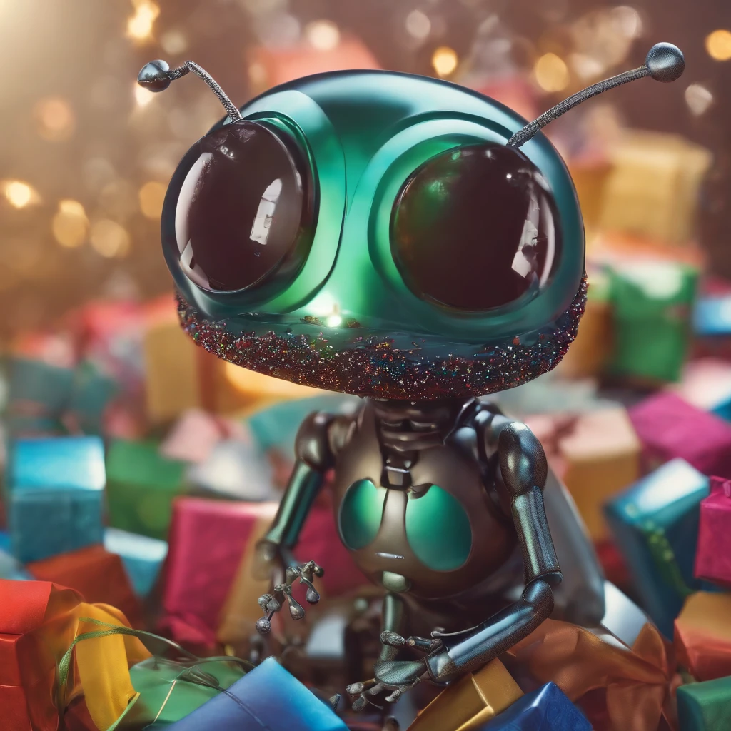 an ant surrounded with many Christmas gifts in the Christmas night with colorful light