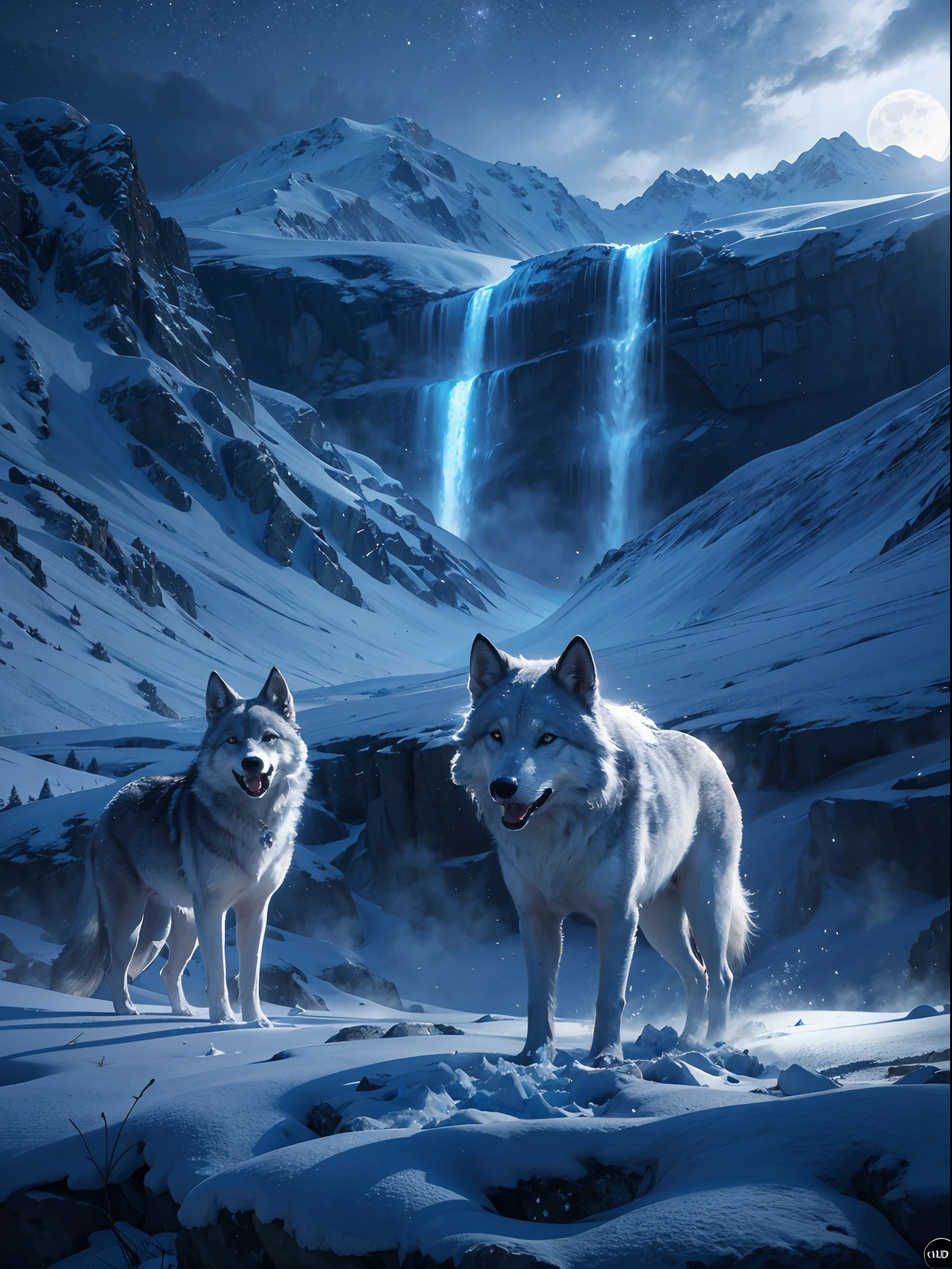 Snow mountain, glacier, night view, full moon، wolfs, beautiful weather snowflakes, waterfall 8K UHD, NVIDIA RTX RENDERING, RAY TRACING, DLSS 3 EFFECTS CINEMATIC EFFECTS,