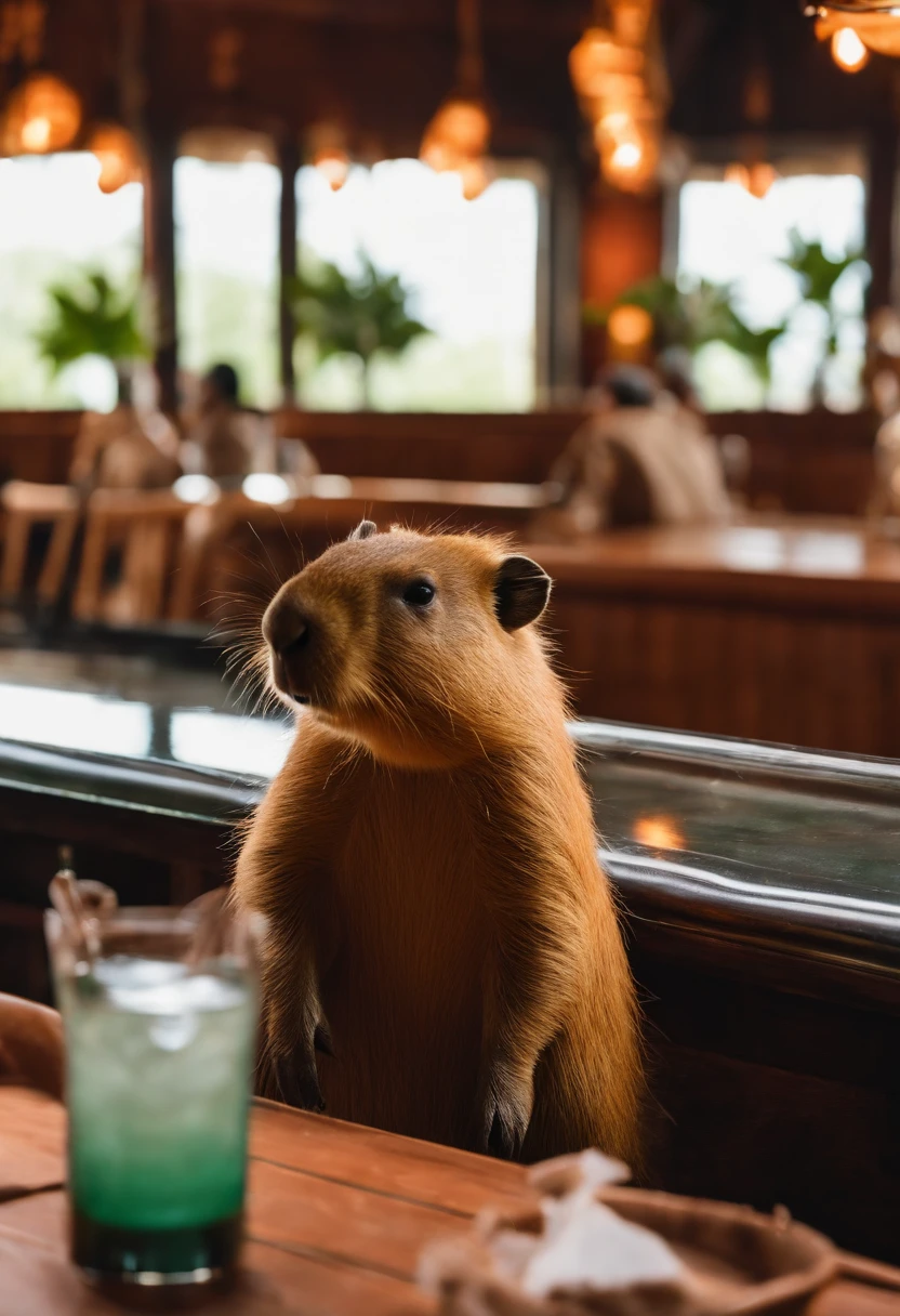 Capybaras sitting in the bar，Is drinking capybaras，Premium bar，Capybaras drinking cocktails，Perfect capybara limbs