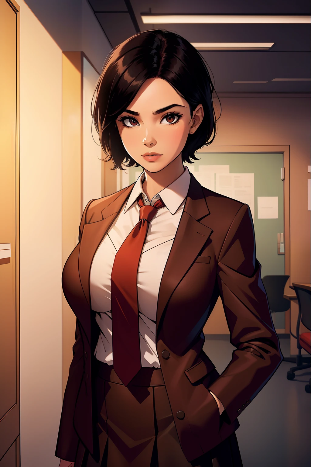 woman, short black hair, wearing a brown office jacket, red tie, brown office skirt, looking at files, no background,
