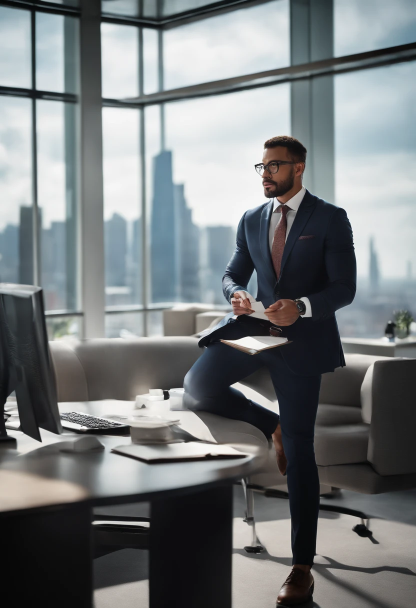 a bussinessman with a confident expression and neat appearance, wearing a tailored suit, a tie, and polished leather shoes,in a modern office setting, surrounded by computer screens and paperwork. The businessman is standing in front of a large glass window, overlooking a bustling city skyline. The office is well-lit with natural light, casting a warm and professional ambiance, and the walls are adorned with motivational quotes and framed certificates of achievement. The businessman is holding a smartphone and a pen, indicating his multitasking and organizational skills. The colors in the image are vibrant and saturated, with a slight cool tone, and the lighting highlights the sharpness and clarity of the details. The overall image quality is of the highest standard, with ultra-realistic rendering and extreme attention to detail. The artistic style of the image is a combination of realistic and concept art elements, creating a visually compelling and inspiring scene.
