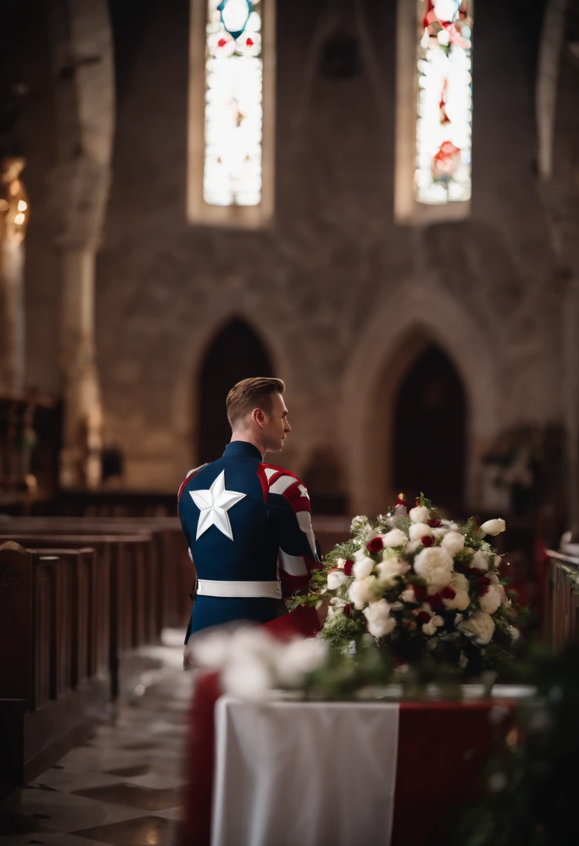 Captain America with flower in the church, wedding, joy, handsome