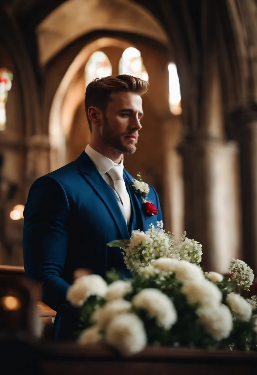 Captain America with flower in the church, wedding, joy, handsome