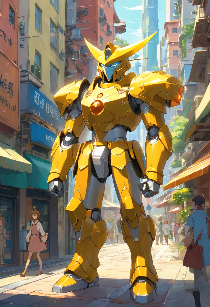 "Generate an image of a solarpunk-inspired eco-street guardian knight in a city street. The guardian wears a sleek, lightweight solar-powered armor with a golden sheen. Their face is uncovered, revealing their determined expression as they walk among pedestrians. The guardian's presence is proportional to the human scale, not towering over the surroundings, and their armor does not have plants growing out of it. The city around them is a lush, eco-friendly metropolis with advanced solar technology seamlessly integrated into the architecture. The guardian embodies the spirit of sustainability and protection in this utopian urban setting."