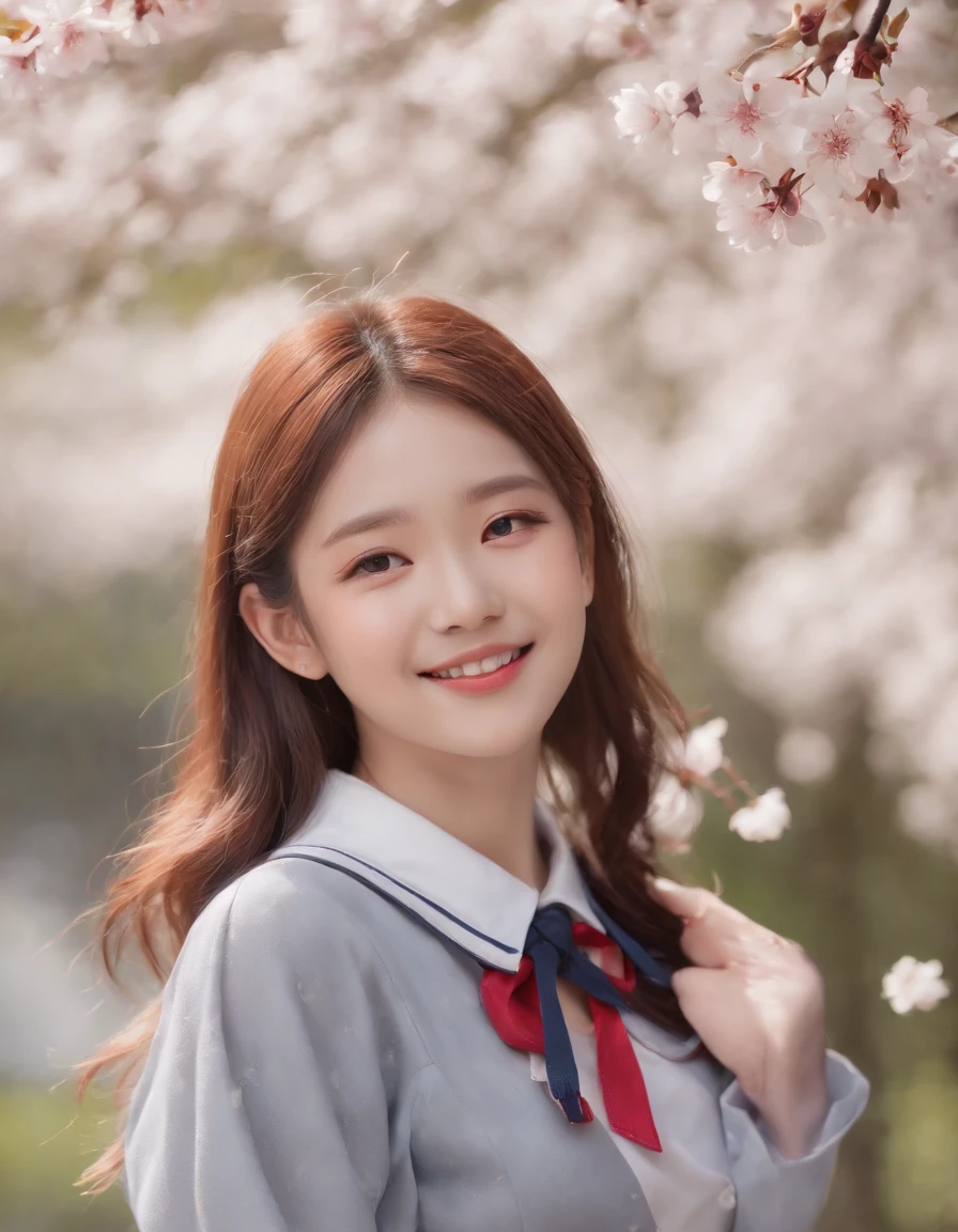 (8K、Raw photography、top-quality、masterpiece:1.2)、(realisitic、Photorealsitic:1.37)、ultra-detailliert、 high resolution、see the beholder、beautifull detailed face、A smile、Constriction、(Slim waist) :1.3)、Beautiful detailed skin、Skin Texture、Floating hair、Professional Lighting、Longhaire、japanese hight school uniform、hi-school girl、a sailor suit、Bob Hair、A path lined with flourishing cherry blossom trees、School route、Happy smile、 student、Cute smile、Tying hair、The skirt is flipping in the wind、Cherry blossoms scattered by the wind、medium close up shot