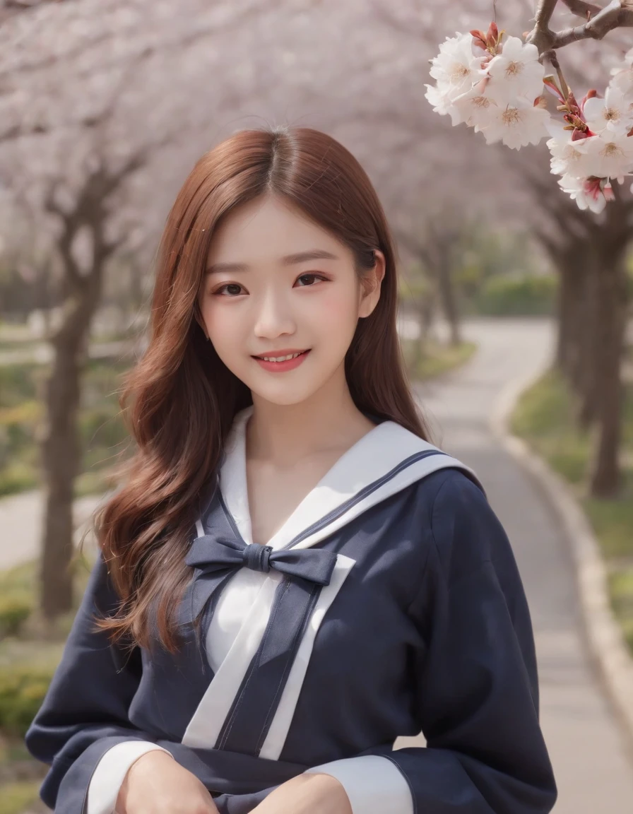 (8K、Raw photography、top-quality、​masterpiece:1.2)、(realisitic、Photorealsitic:1.37)、ultra-detailliert、 high resolution、see the beholder、beautifull detailed face、A smile、Constriction、(Slim waist) :1.3)、Beautiful detailed skin、Skin Texture、Floating hair、Professional Lighting、Longhaire、japanese hight school uniform、hi-school girl、a sailor suit、Bob Hair、A path lined with flourishing cherry blossom trees、School route、Happy smile、15yo student、Cute smile、Tying hair、The skirt is flipping in the wind、Cherry blossoms scattered by the wind、medium close up shot