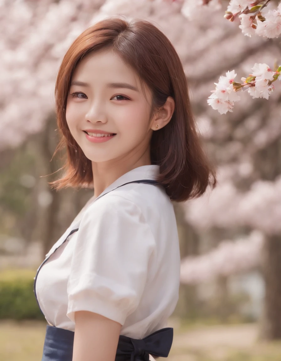 (8K、Raw photography、top-quality、​masterpiece:1.2)、(realisitic、Photorealsitic:1.37)、ultra-detailliert、 high resolution、see the beholder、beautifull detailed face、A smile、Constriction、(Slim waist) :1.3)、Beautiful detailed skin、Skin Texture、Floating hair、Professional Lighting、Longhaire、japanese hight school uniform、hi-school girl、a sailor suit、Bob Hair、A path lined with flourishing cherry blossom trees、School route、Happy smile、15yo student、Cute smile、Tying hair、The skirt is flipping in the wind、Cherry blossoms scattered by the wind、medium close up shot