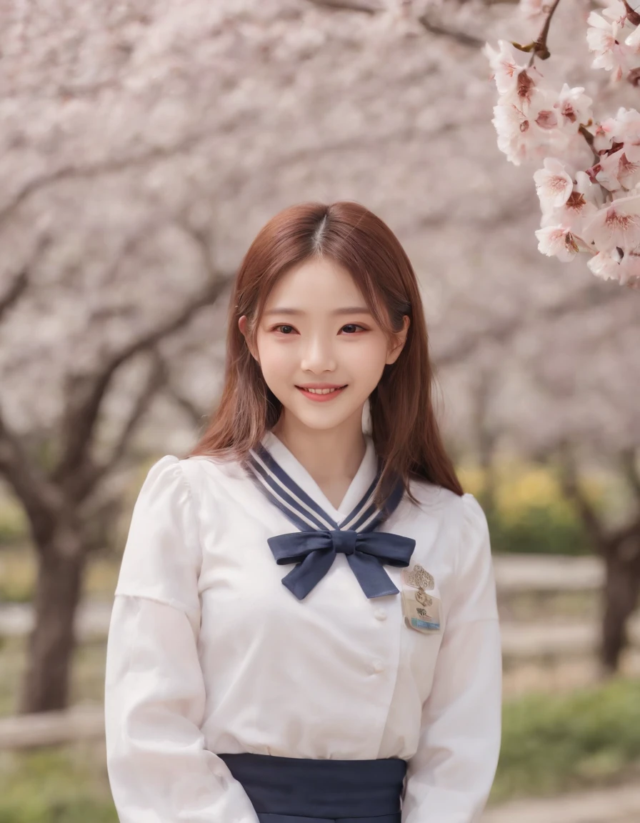 (8K、Raw photography、top-quality、masterpiece:1.2)、(realisitic、Photorealsitic:1.37)、ultra-detailliert、 high resolution、see the beholder、beautifull detailed face、A smile、Constriction、(Slim waist) :1.3)、Beautiful detailed skin、Skin Texture、Floating hair、Professional Lighting、Longhaire、japanese hight school uniform、hi-school girl、a sailor suit、Bob Hair、A path lined with flourishing cherry blossom trees、School route、Happy smile、15yo student、Cute smile、Tying hair、The skirt is flipping in the wind、Cherry blossoms scattered by the wind、medium close up shot