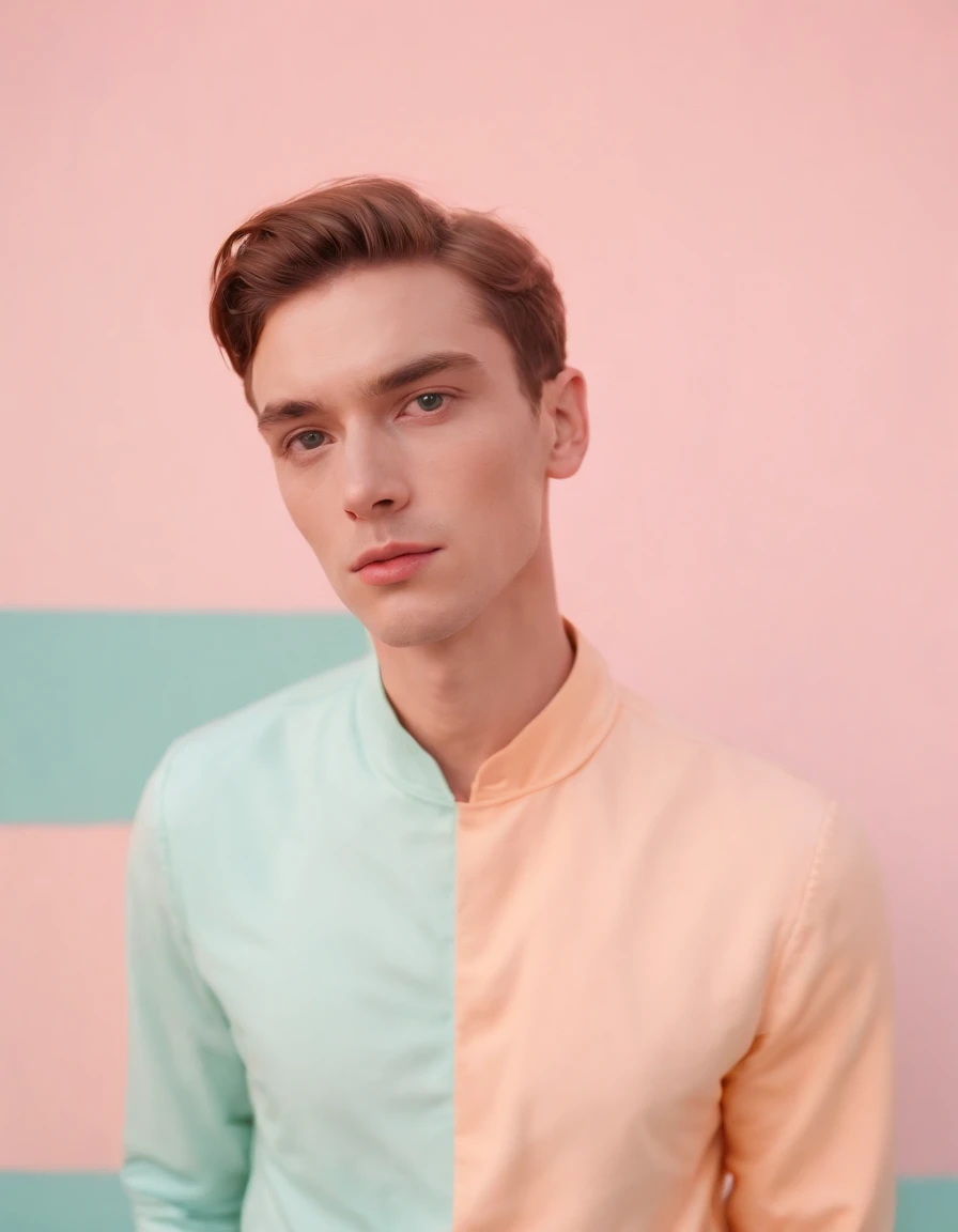 Man, neopop, pastel colors, by jimmy marble, portrait model pose, (medium shot)