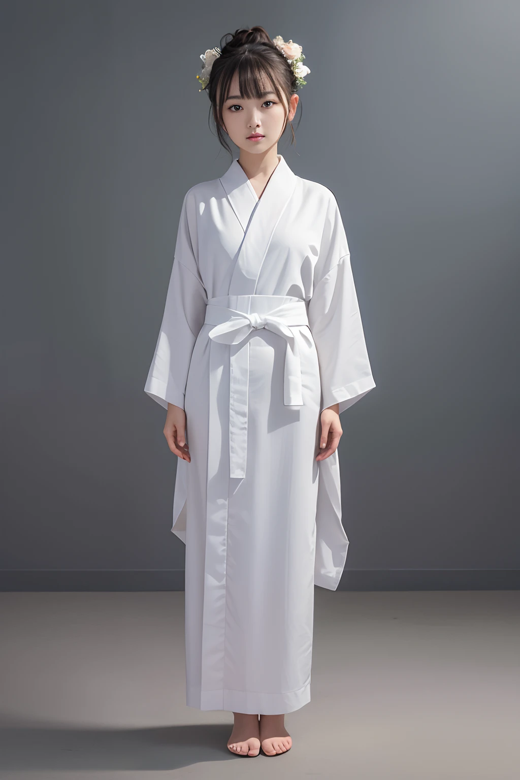 ((Masterpiece,Best quality, high resolution)), 1girll, Solo, The light is gentle,1 girl in a gray yukata,white sash,burlap,Female prisoners,With a petite figure,brunette color hair,hair-bun,Stand in a gloomy prison,stand posture,Full body like,Painful expression,is shy,Clothing covers the whole body,folds,solid color backdrop,Get wet,semi transparent