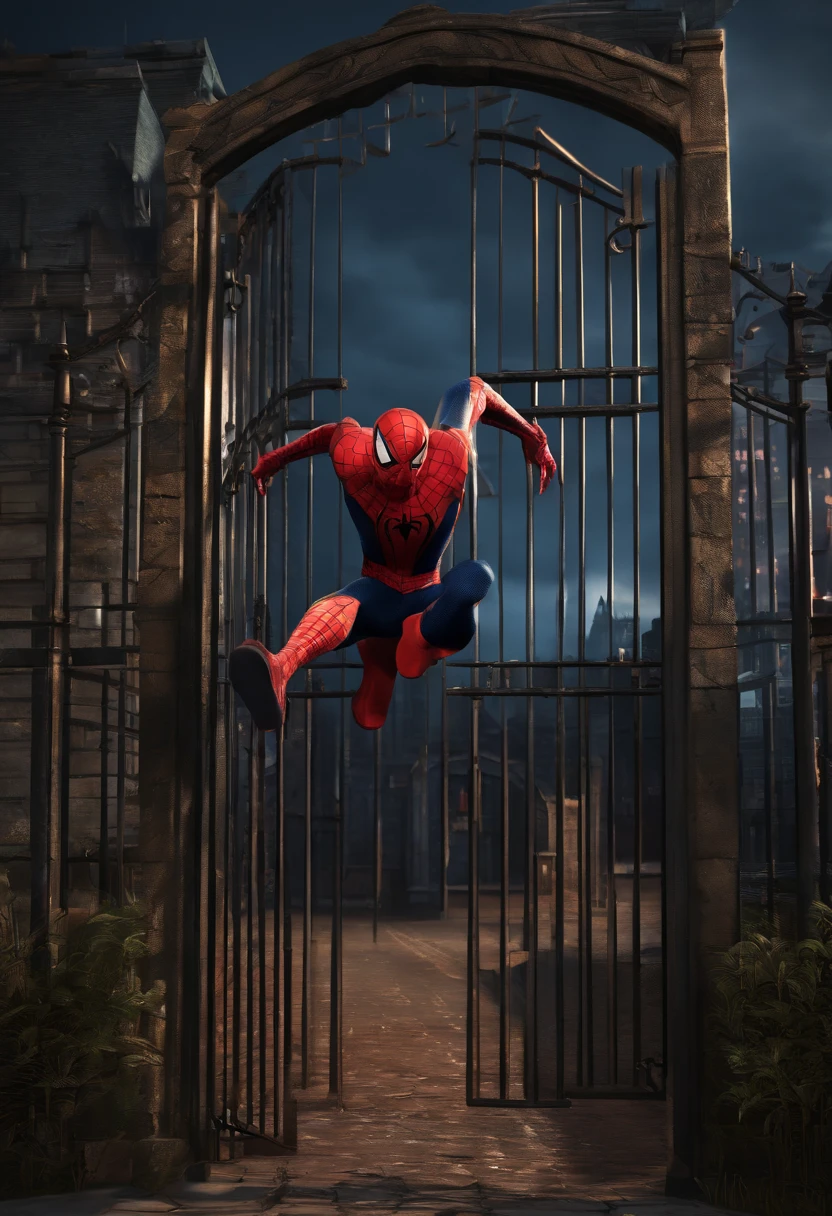 Spiderman in black coloured suit swinging in front of arkham asylum, with "Arkham Asylum" written on the gate, very detailed, with scary and dark atmosphere, and very realistic