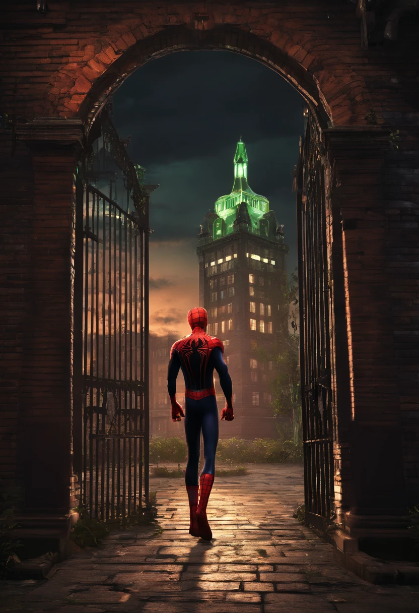 Spiderman in black coloured suit swinging in front of arkham asylum, with "Arkham Asylum" written on the gate, very detailed, with scary and dark atmosphere, and very realistic