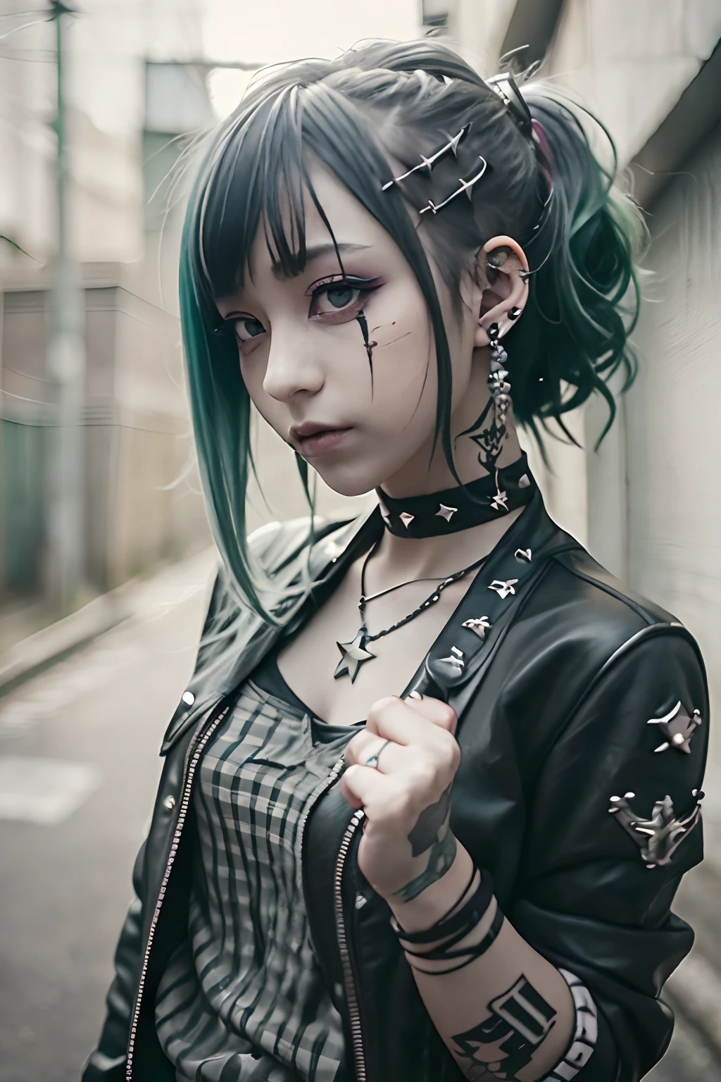 miku hatsune、Green hair、Twin-tailed、goth、(masutepiece), (Portrait), (Aesthetic), (Beautiful), (upper blody), (High quality), (aesthetic clothings), (professional angle), (thirds rule), (Feminine), (Woman), (Female), (Beautiful),(Feminine features), (25-years old), Solo, 1 woman, (Charming punk girl), Winters, Dramatic light, ((Playing guitar)), (Standing), Edgy makeup, (Small bust), ((electric guitar)), (Front face), (Defiant expression), ((defiance)), (Leather jackets and tattoos), ((Short hair)), (dyed (E.G. and pinks) hair), (spiky hair), (Thick hair), Matte Shine Hair, (Hair bands scattered in the hair), (Green eyes), (Bold and bold look), (pale skin), (Dark clothes), (Band T-shirt), (Ripped jeans), (-), crew neckline), ((Urban alley background)), (up close shot), Beautiful hands, Two hands, normal hands, Two arms, complete hands, Beautiful body, Beautiful fingers, normal fingers, Five Fingers, Five Fingers, (Thumb index finger ring finger), Beautiful ears, normal ears, Beautiful eyes, shiny eyes, Beautiful mouth, Beautiful lips,