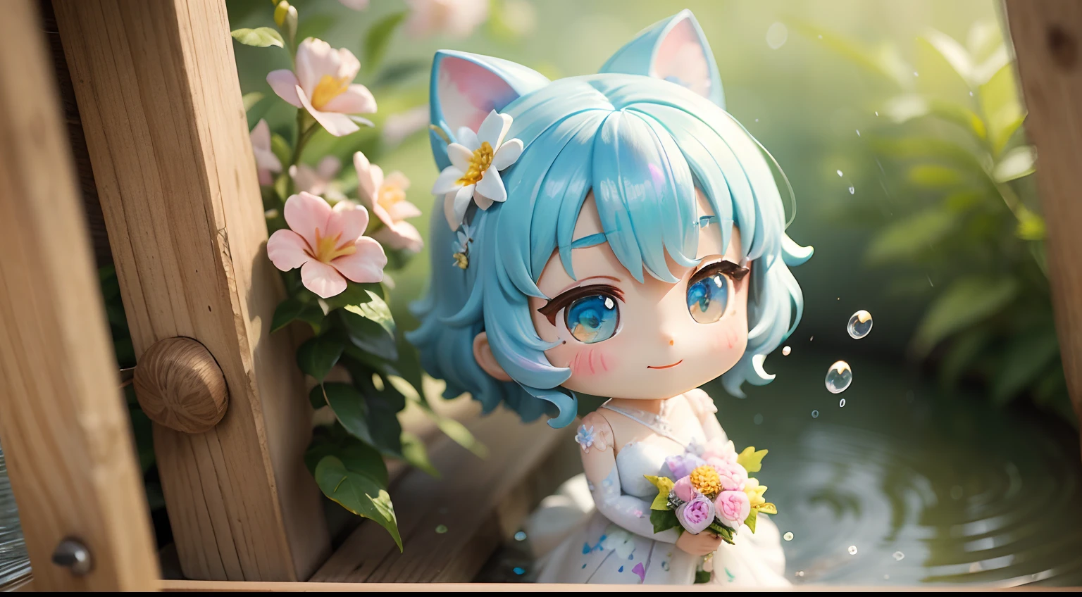 photoRealstic、Nendroids in paper wedding dress standing in front of the painting、A smile、Water droplets on the cheeks、watercolor Nendoroid、(High Definition Figure)、Flowing iridescent silk、up of face、Eye Up、Colorcon with heart pattern、Floral dress、The heart comes out of the eyes like a beam、There are also flowers in front of the nendroids、flower petals、season!!: 夏天☀ 🍂