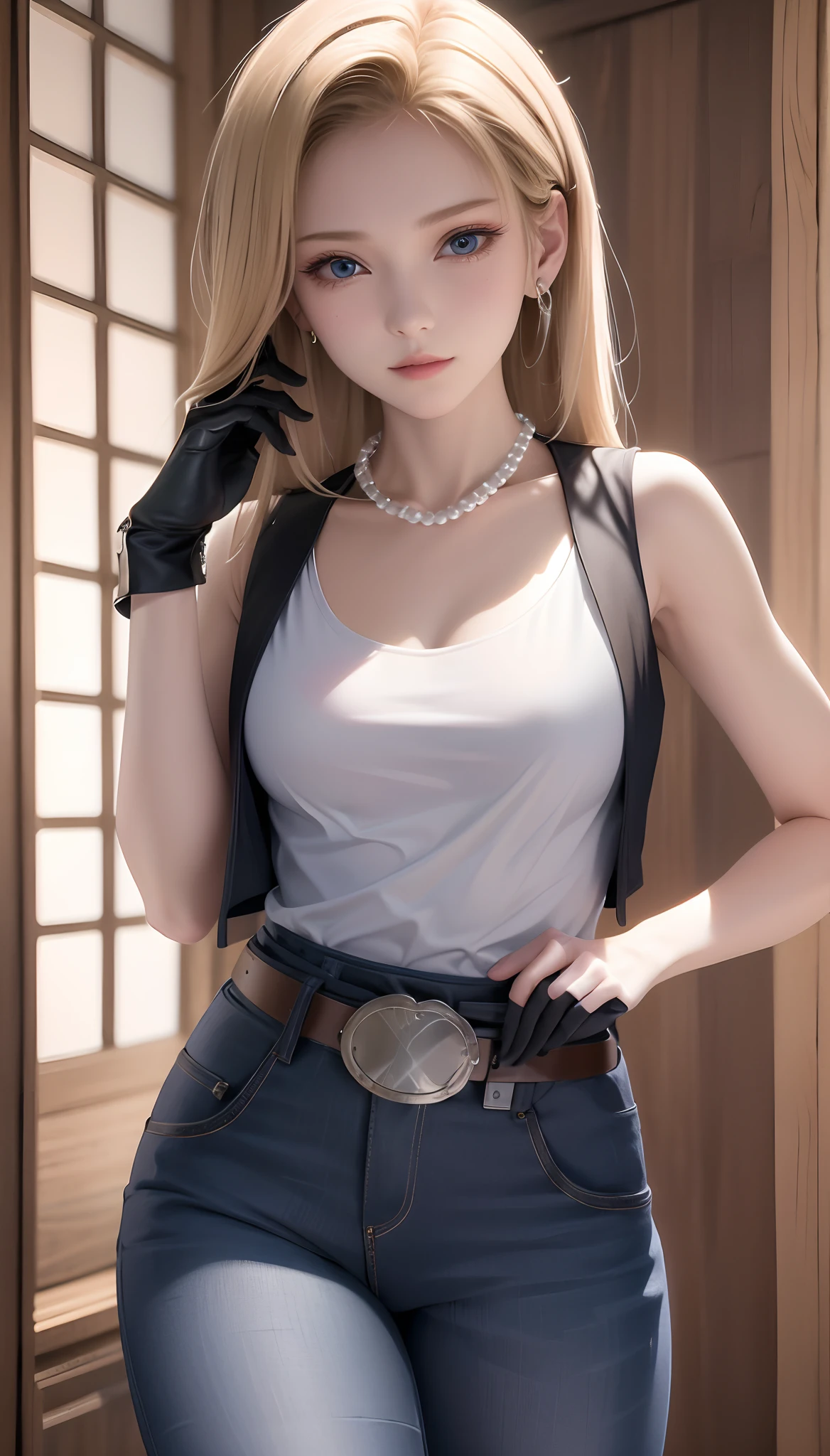 8K、Actual image、intricate detailes、ultra-detailliert、(Photorealsitic)、
and18, 1girl in, Android 18, blonde  hair, blue eyess, a belt, JINS, pearls_Necklace, A bracelet, Black Gloves, white  shirt, length hair, shortsleeves, 耳环, Blue Pants, open vest, Black vest,
serene、signature