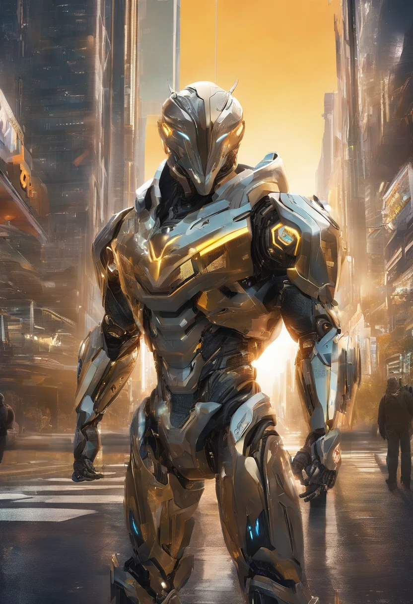 "Generate an image of a solarpunk-inspired eco-street guardian knight in a city street. The guardian wears a sleek, lightweight solar-powered armor with a golden sheen. Their face is uncovered, revealing their determined expression as they walk among pedestrians. The guardian's presence is proportional to the human scale, not towering over the surroundings, and their armor does not have plants growing out of it. The city around them is a lush, eco-friendly metropolis with advanced solar technology seamlessly integrated into the architecture. The guardian embodies the spirit of sustainability and protection in this utopian urban setting."