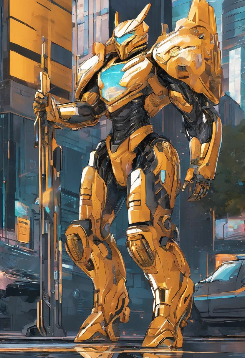 "Generate an image of a solarpunk-inspired eco-street guardian knight in a city street. The guardian wears a sleek, lightweight solar-powered armor with a golden sheen. Their face is uncovered, revealing their determined expression as they walk among pedestrians. The guardian's presence is proportional to the human scale, not towering over the surroundings, and their armor does not have plants growing out of it. The city around them is a lush, eco-friendly metropolis with advanced solar technology seamlessly integrated into the architecture. The guardian embodies the spirit of sustainability and protection in this utopian urban setting."