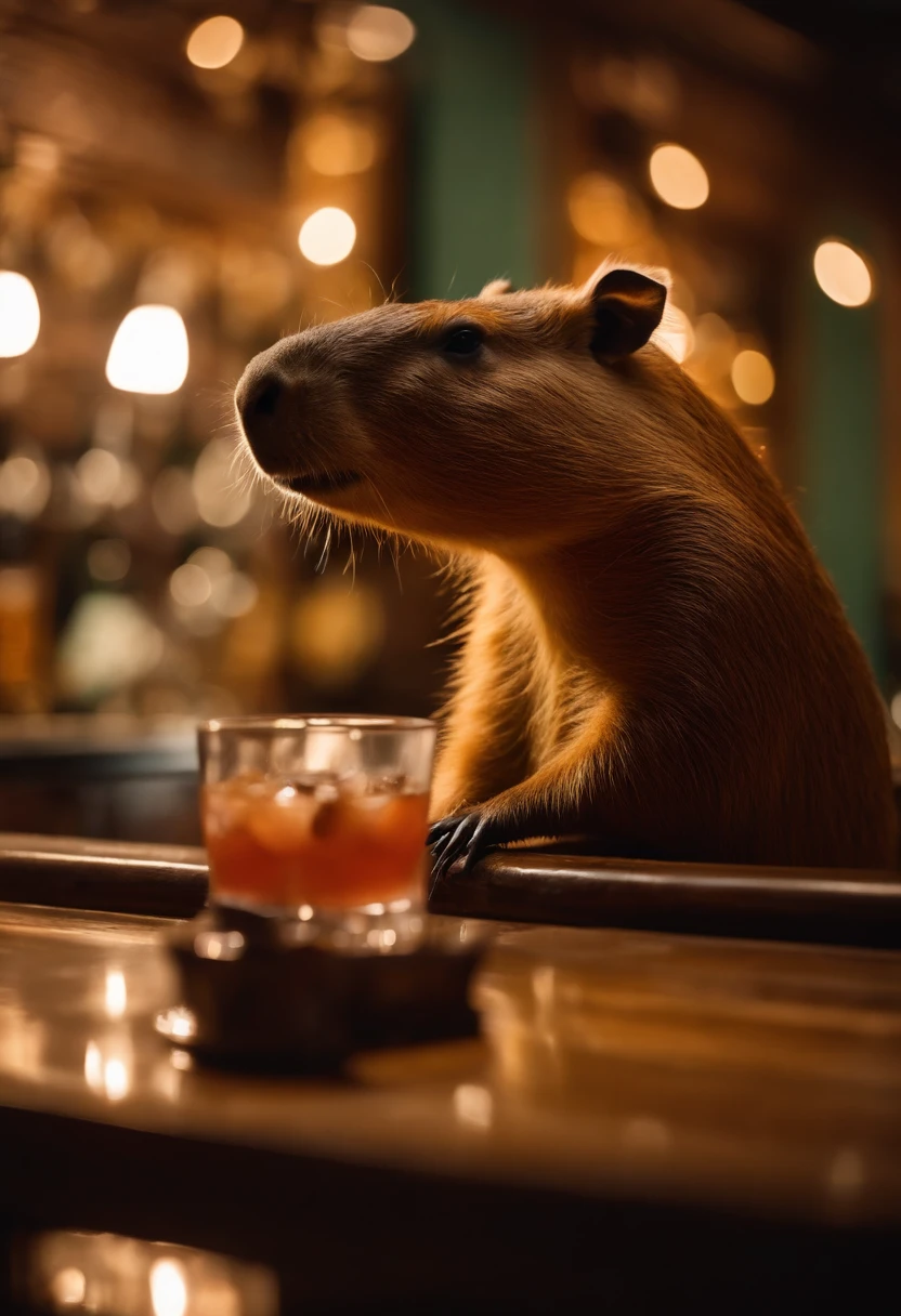 Capybara sitting in the bar，Premium bar，Capybaras drinking cocktails，Perfect capybara limbs