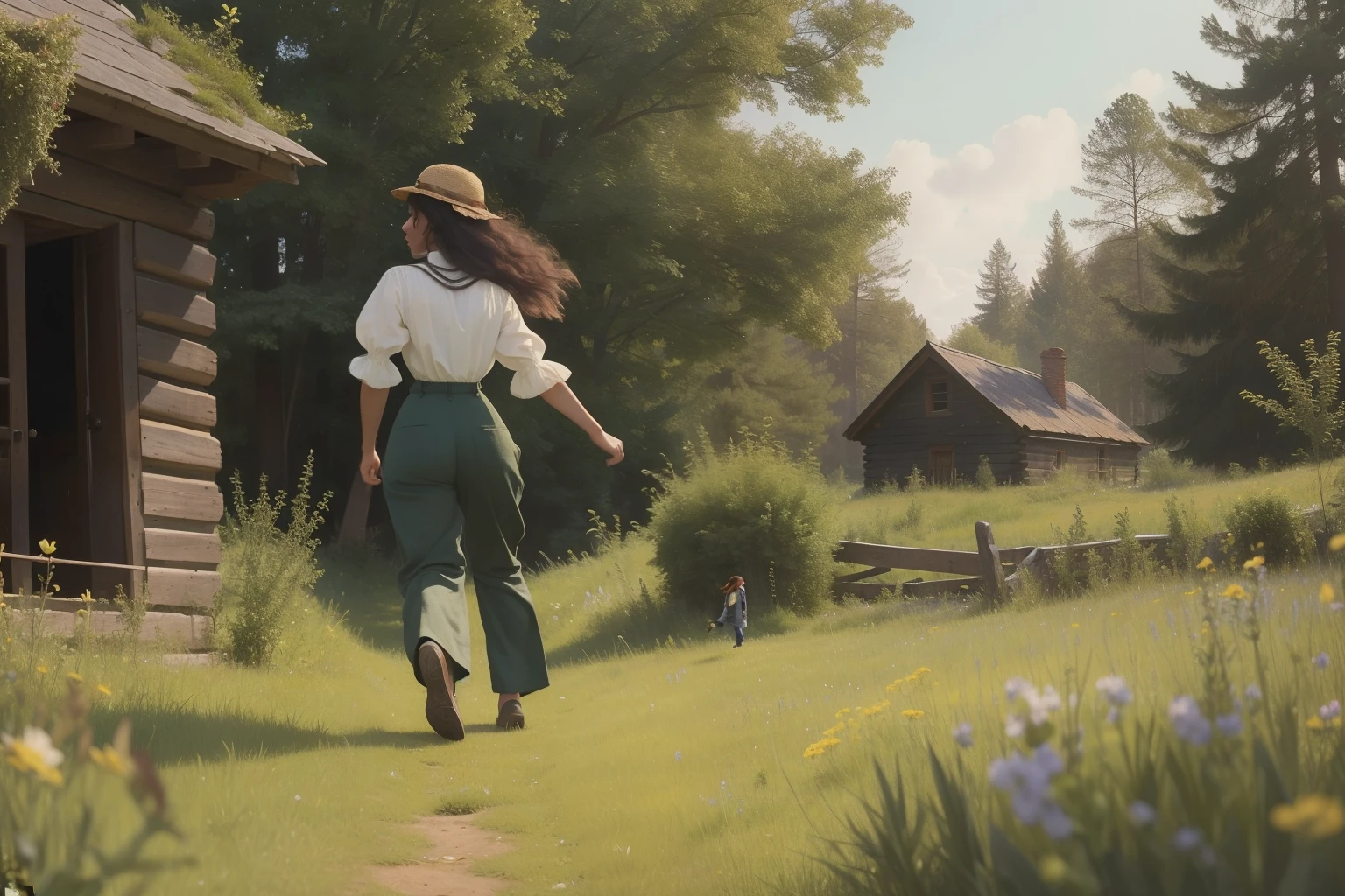 in a pre-raphaelite meadow, we see a close-up of the back of a -yeld bl-mixed girl running to the ruins of a cabin, ((wearing 1910s clothes shirt and trousers)), fear and urgency
