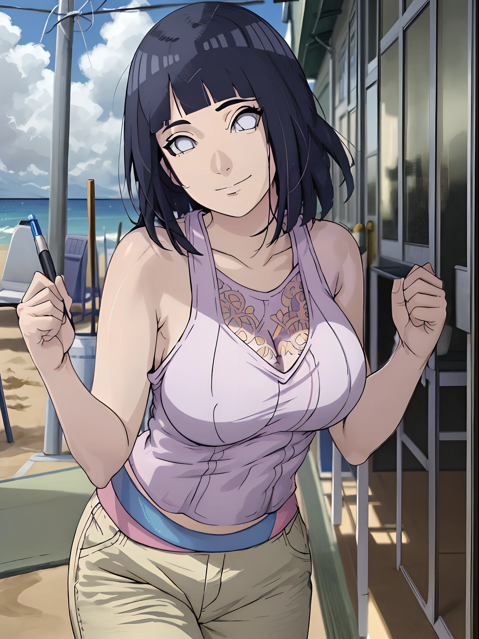 (Top quality, 8K, high resolution, Masterpiece: 1.2), Anime art style, Shinobu Kocho, 1 girl, perfect face, perfect eyes, soft expression, medium breasts, purple hair, neatly parted bangs, Natural lips, medium hair, straight hair, purple eyes, ((white shirt, torn jeans, white sneakers, torn clothes, wet clothes, exposed shoulders)), viewer appreciation,