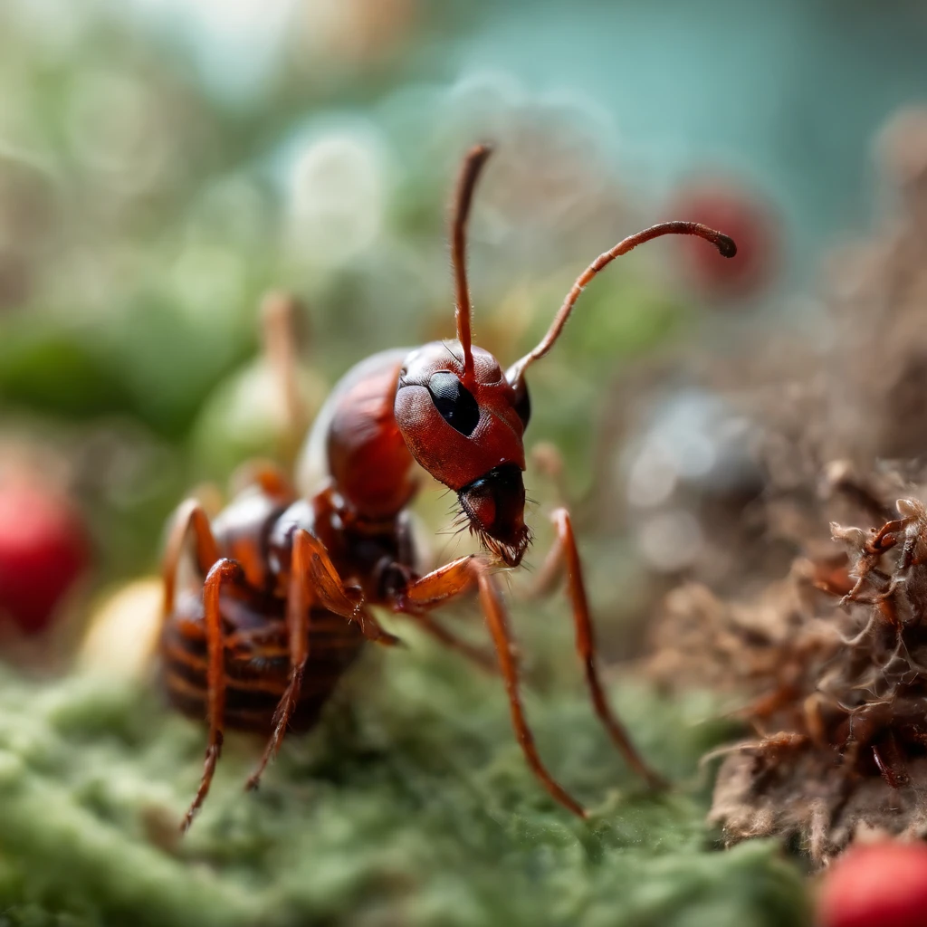 an ant surrounded with many gifts in shiny Christmas with colorful light