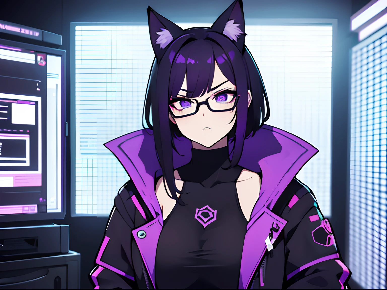 Cyberpunk mommy vibe a little chubby hot girl gamer hacker with purple and black jacket clothes ,with glasses with cat ears, com 22 anos de idade, olhos violetas brilhando, shoulder-length black short medium hair with purple tips, and serious expression